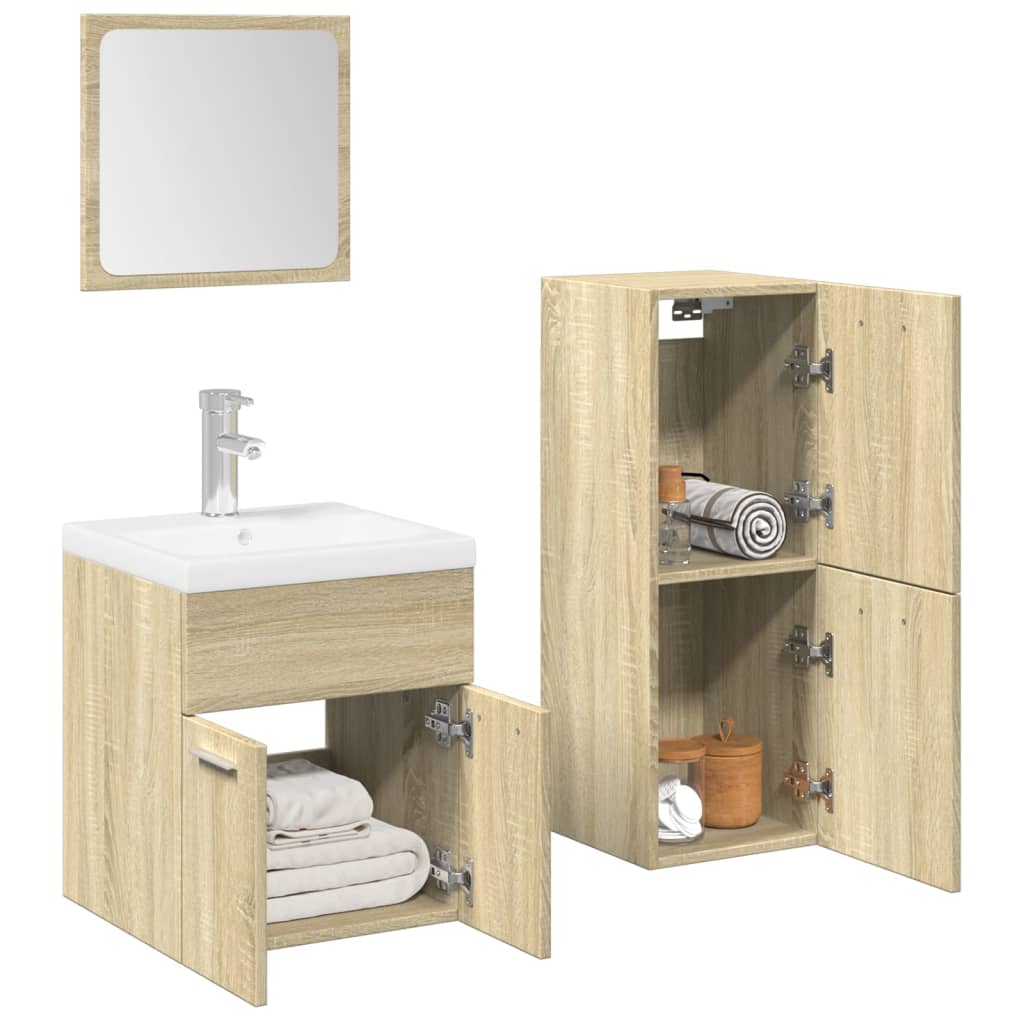 vidaXL Set mobilier de baie, 3 piese, stejar sonoma, lemn prelucrat