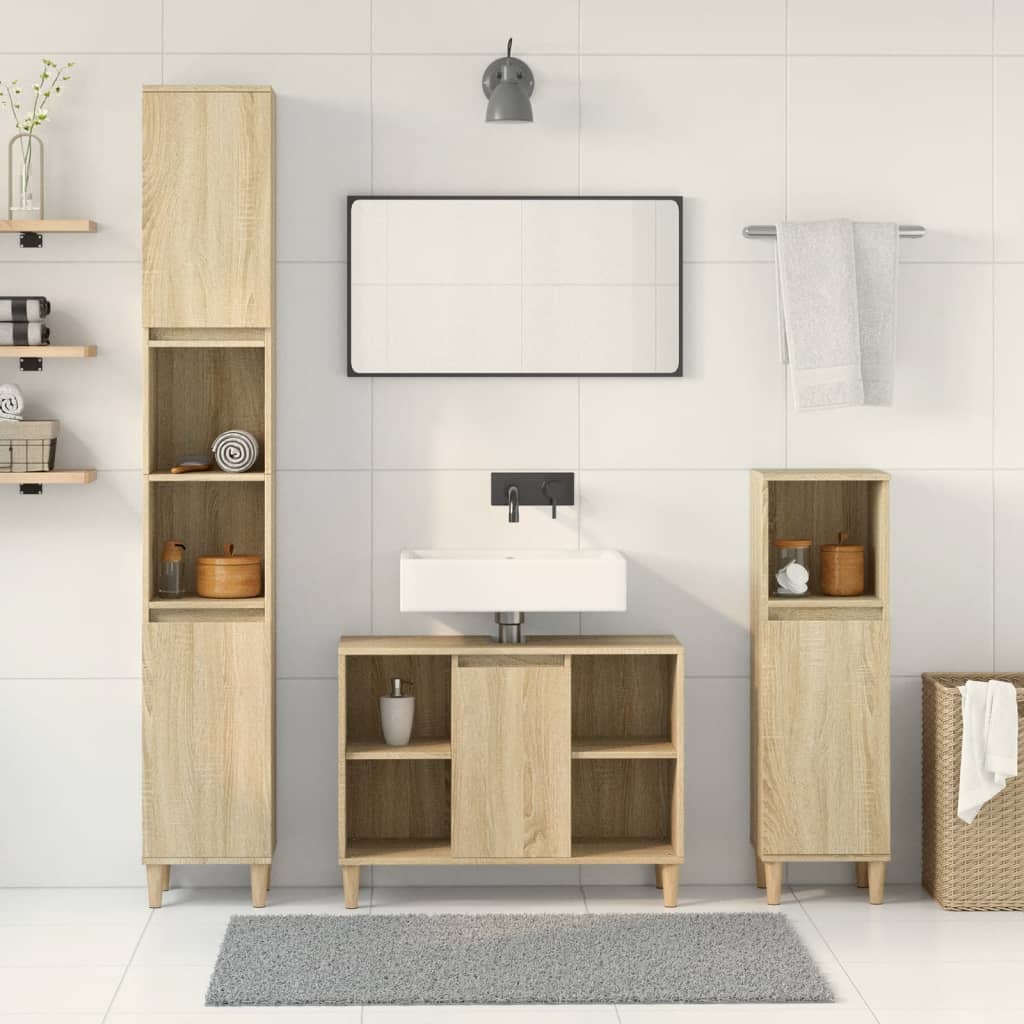 vidaXL Set mobilier de baie, 3 piese, stejar sonoma, lemn prelucrat