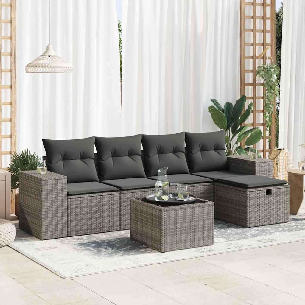 vidaXL Set mobilier grădină cu perne, 6 piese, gri, poliratan vidaXL Set mobilier grădină cu perne, 6 piese, gri, poliratan