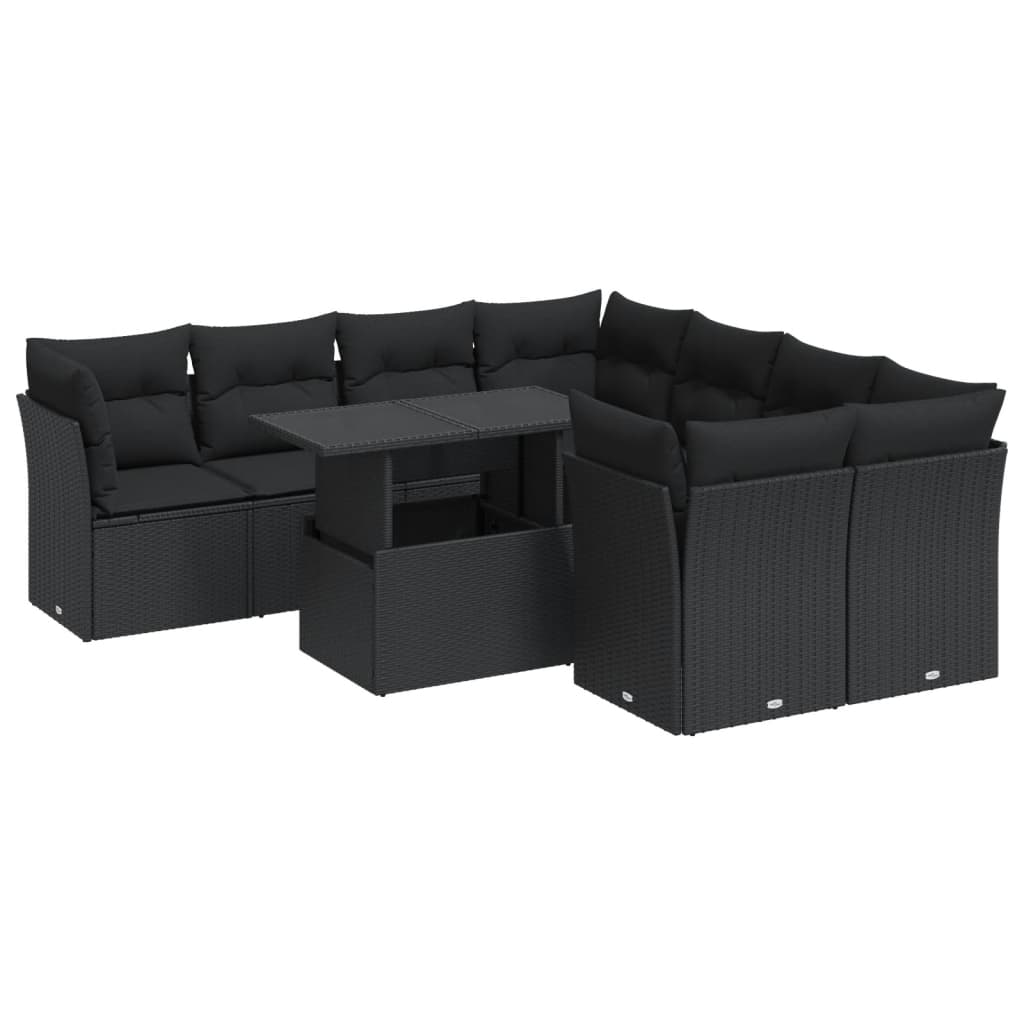 vidaXL Set mobilier de grădină cu perne, 9 piese, negru, poliratan