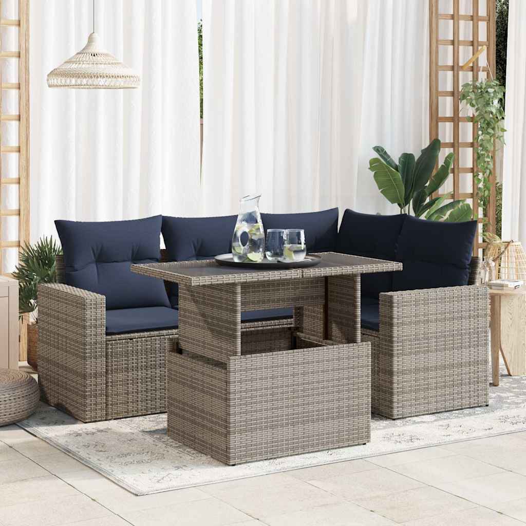 vidaXL Set canapea de grădină cu perne, 5 piese, poliratan/lemn acacia vidaXL Set canapea de grădină cu perne, 5 piese, poliratan/lemn acacia