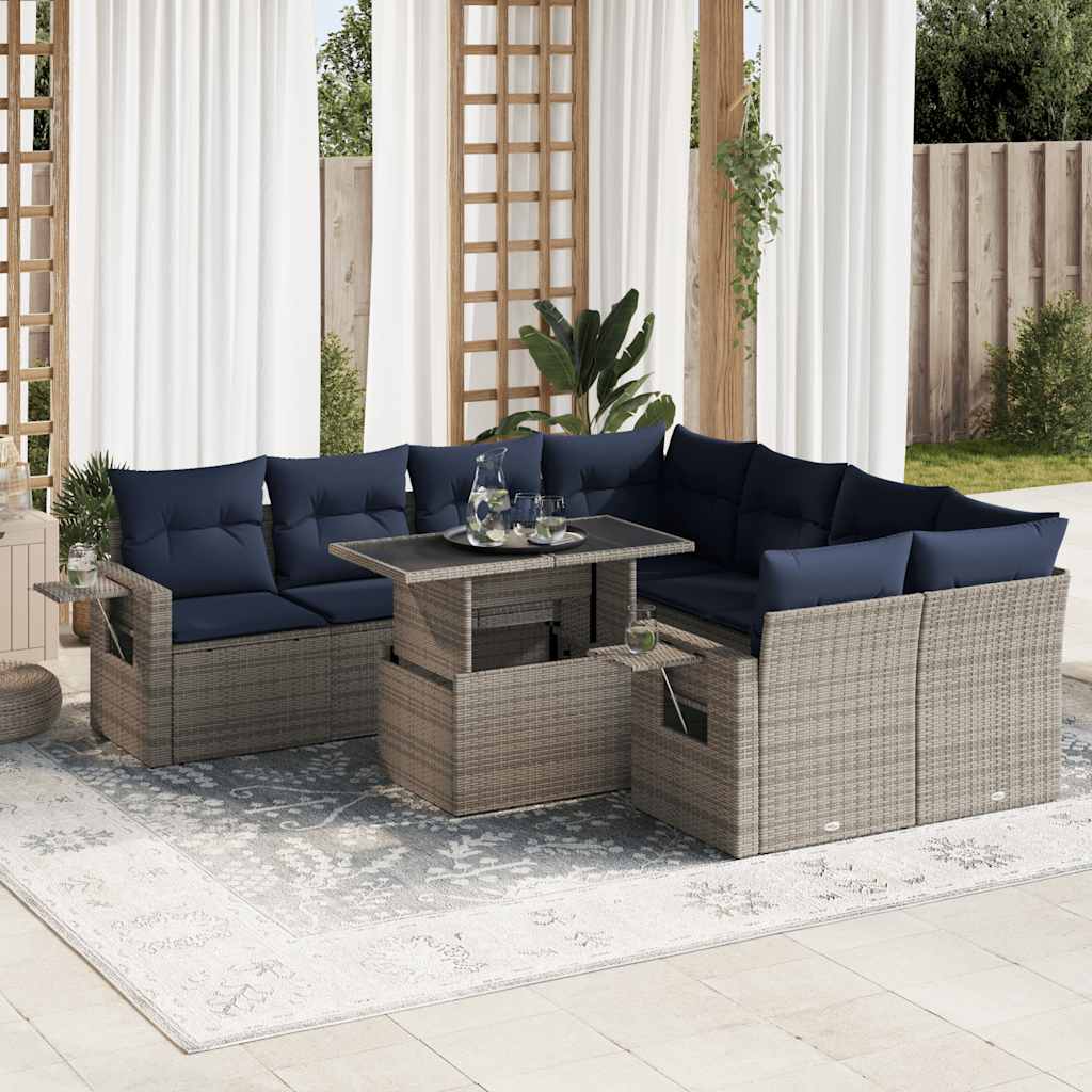 vidaXL Set mobilier grădină perne 9 piese gri poliratan/lemn acacia vidaXL Set mobilier grădină perne 9 piese gri poliratan/lemn acacia