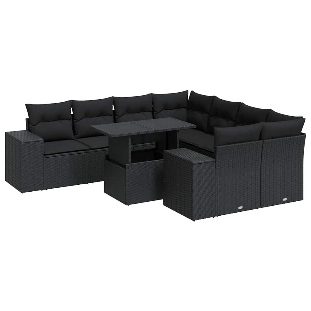 vidaXL Set mobilier de grădină cu perne, 9 piese, negru, poliratan
