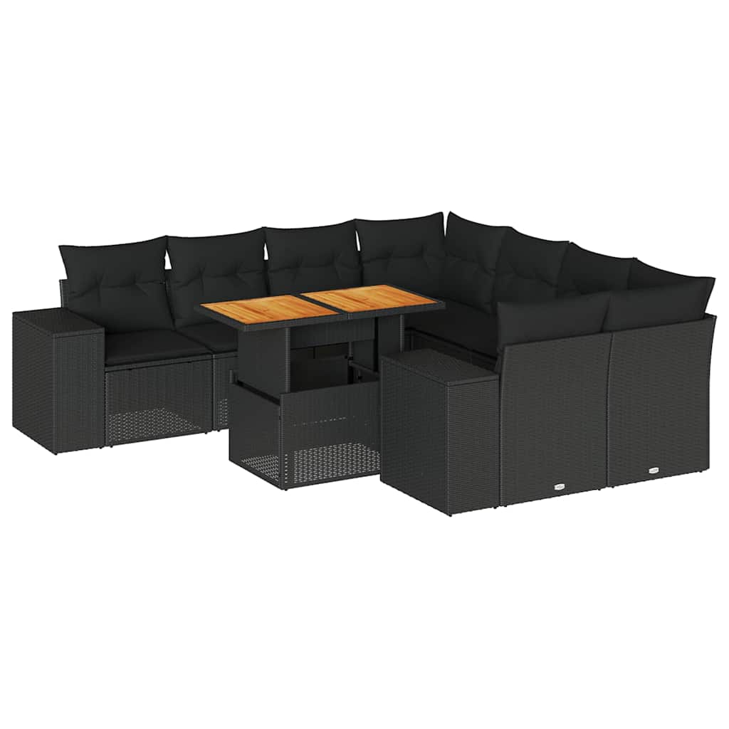 vidaXL Set mobilier de grădină cu perne, 9 piese, negru, poliratan