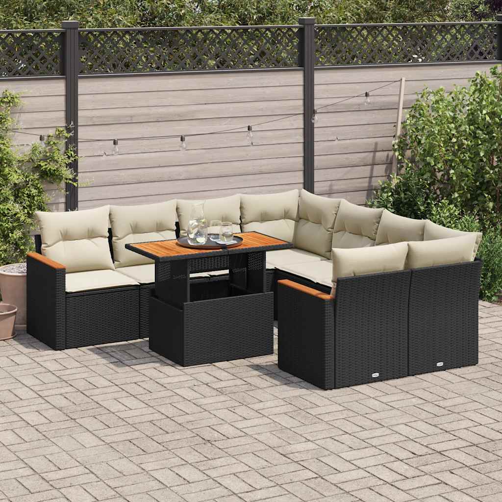 vidaXL Set mobilier grădină perne 9 piese negru poliratan/lemn acacia vidaXL Set mobilier grădină perne 9 piese negru poliratan/lemn acacia