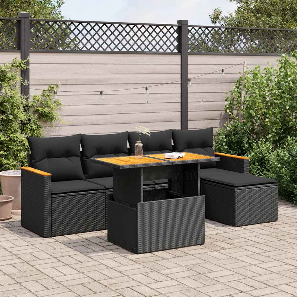vidaXL Set mobilier grădină perne 6 piese negru poliratan/lemn acacia vidaXL Set mobilier grădină perne 6 piese negru poliratan/lemn acacia