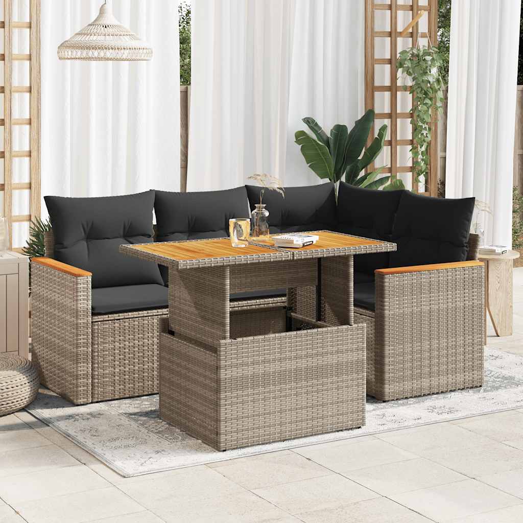 vidaXL Set canapea de grădină cu perne, 5 piese, poliratan/lemn acacia vidaXL Set canapea de grădină cu perne, 5 piese, poliratan/lemn acacia