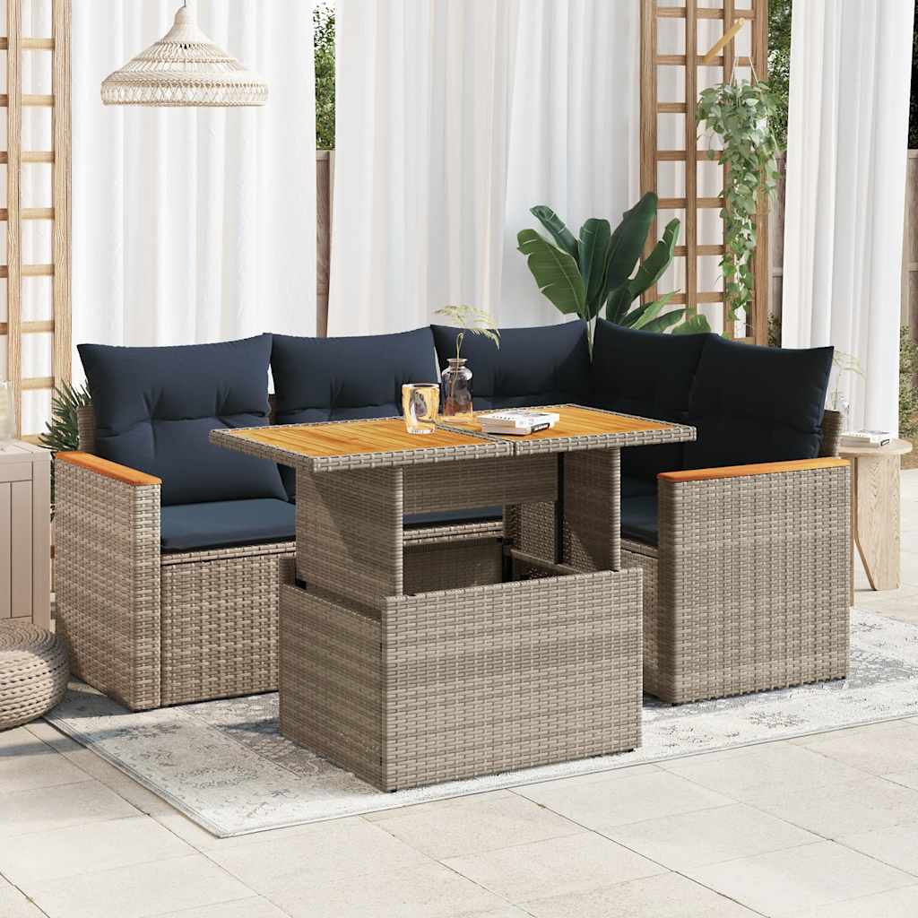 vidaXL Set canapea de grădină cu perne, 5 piese, gri, poliratan vidaXL Set canapea de grădină cu perne, 5 piese, gri, poliratan