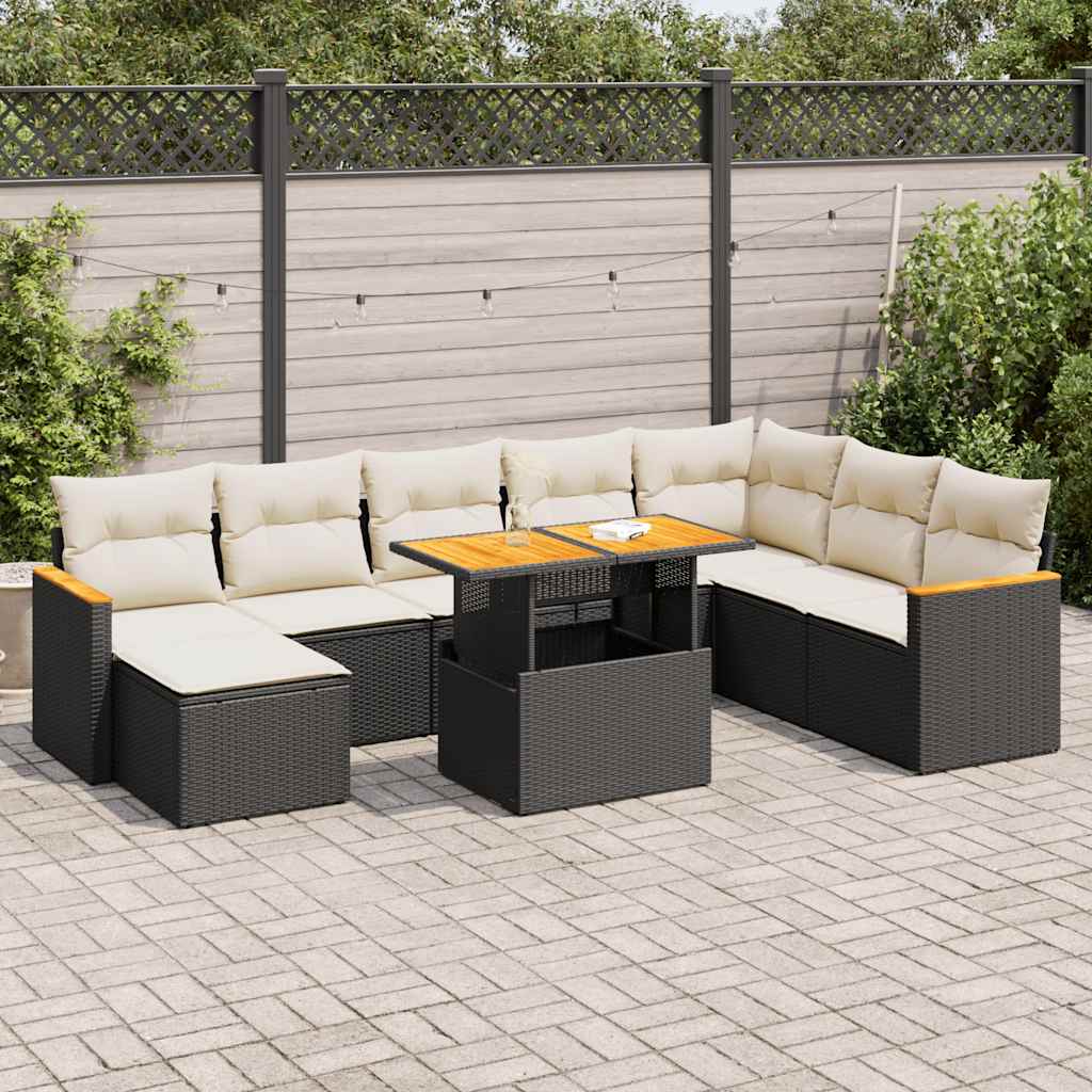 vidaXL Set mobilier grădină perne 9 piese negru poliratan/lemn acacia vidaXL Set mobilier grădină perne 9 piese negru poliratan/lemn acacia