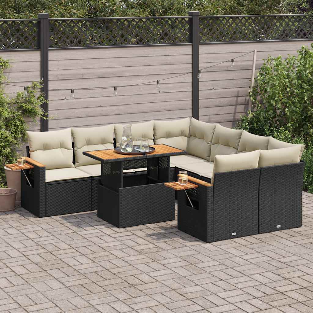 vidaXL Set mobilier grădină perne 9 piese negru poliratan/lemn acacia vidaXL Set mobilier grădină perne 9 piese negru poliratan/lemn acacia