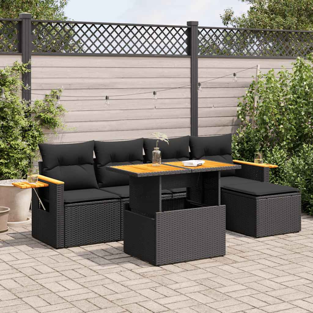 vidaXL Set mobilier grădină perne 6 piese negru poliratan/lemn acacia vidaXL Set mobilier grădină perne 6 piese negru poliratan/lemn acacia