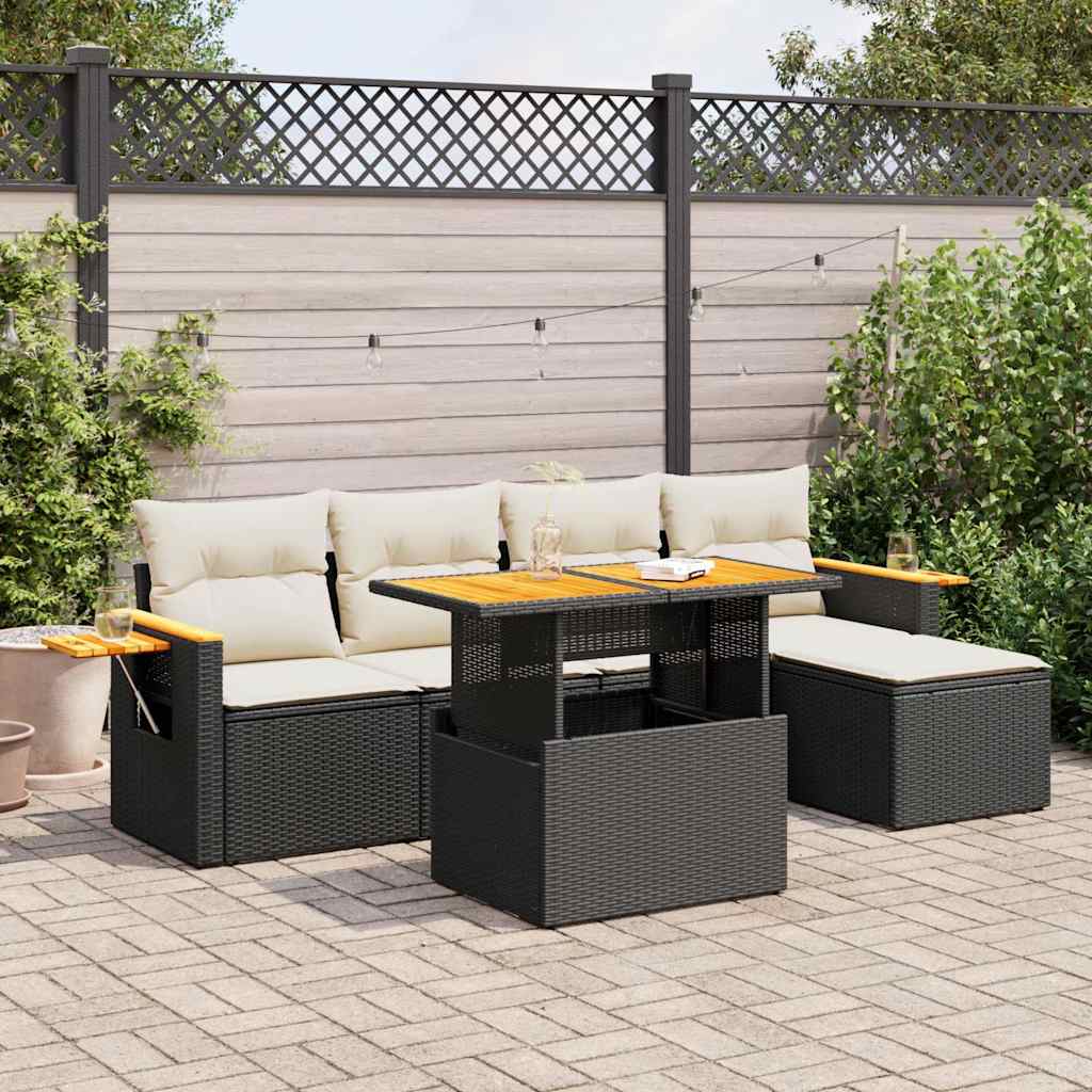 vidaXL Set mobilier grădină perne 6 piese negru poliratan/lemn acacia vidaXL Set mobilier grădină perne 6 piese negru poliratan/lemn acacia