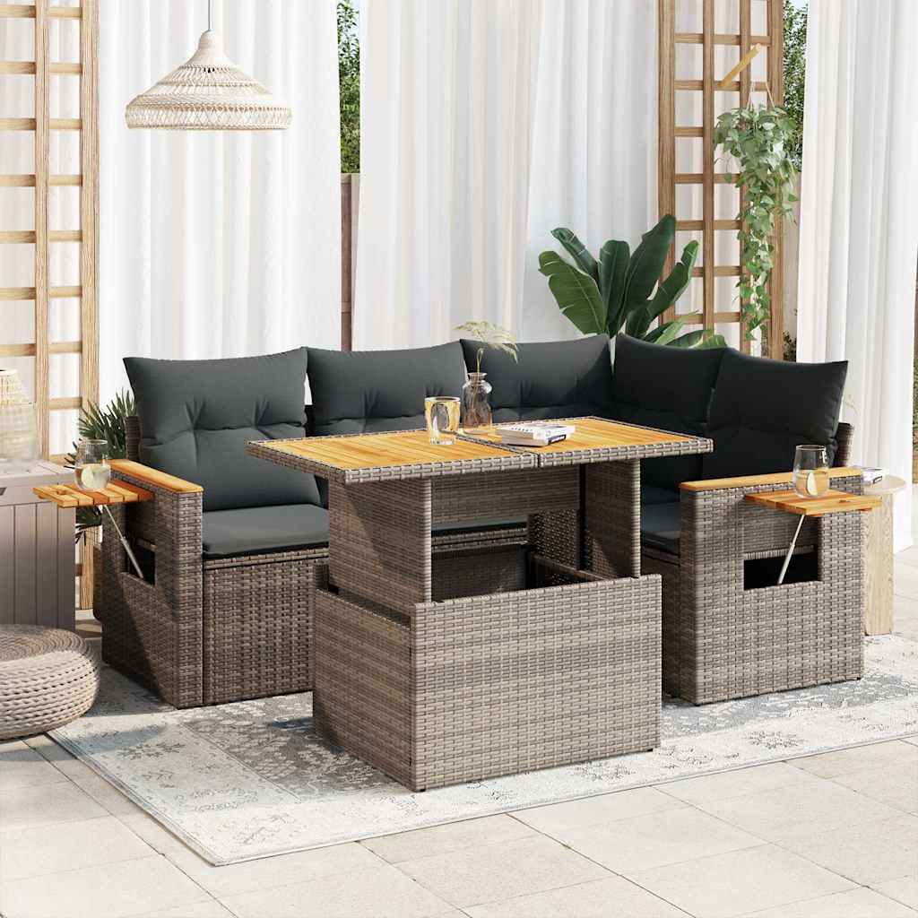 vidaXL Set canapea de grădină cu perne, 5 piese, poliratan/lemn acacia vidaXL Set canapea de grădină cu perne, 5 piese, poliratan/lemn acacia