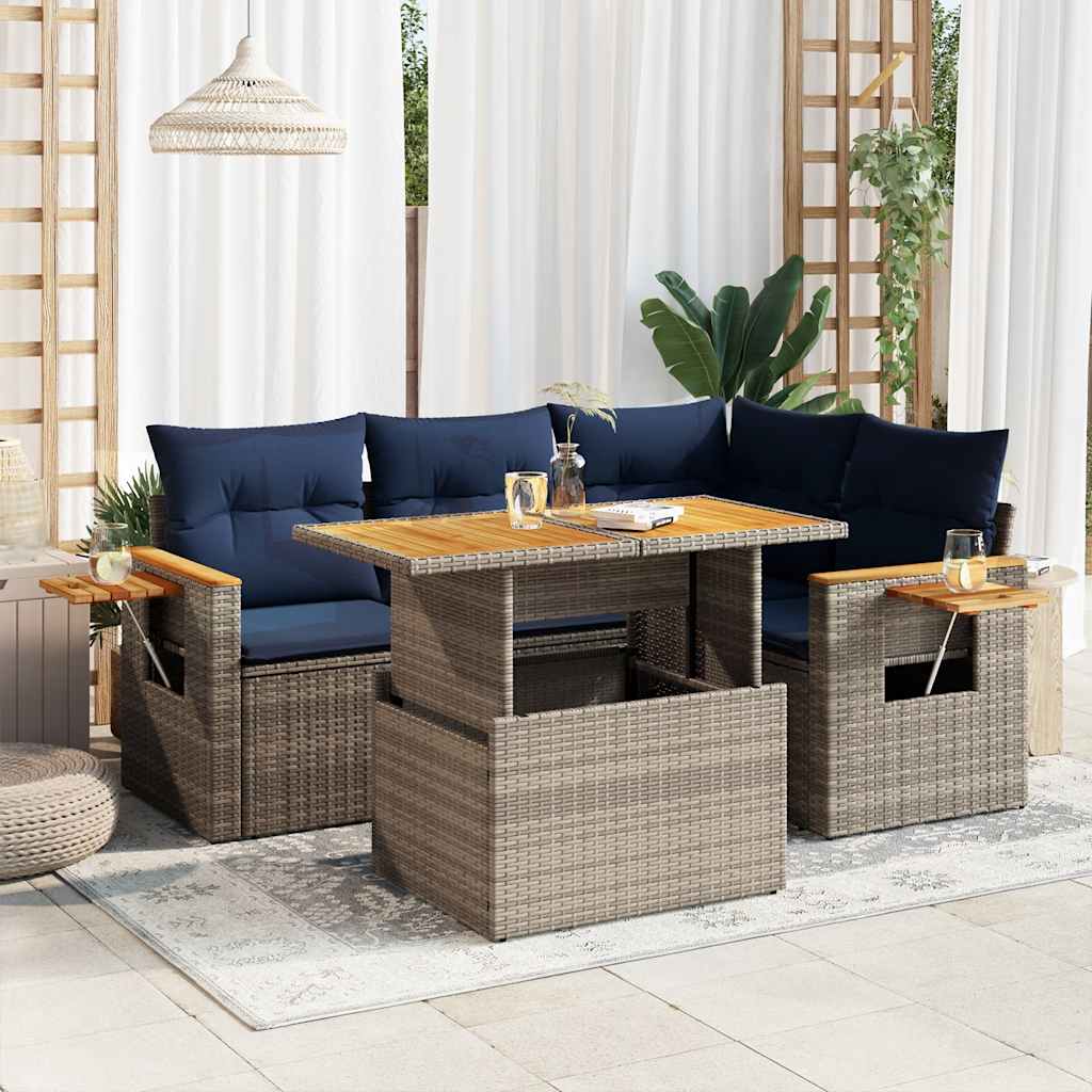vidaXL Set canapea de grădină cu perne, 5 piese, poliratan/lemn acacia vidaXL Set canapea de grădină cu perne, 5 piese, poliratan/lemn acacia