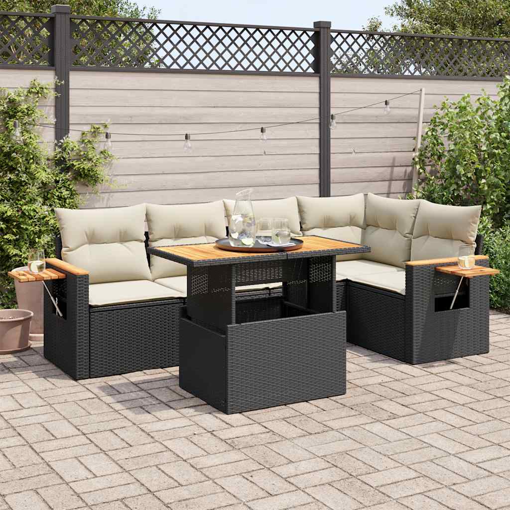 vidaXL Set mobilier grădină perne 6 piese negru poliratan/lemn acacia vidaXL Set mobilier grădină perne 6 piese negru poliratan/lemn acacia