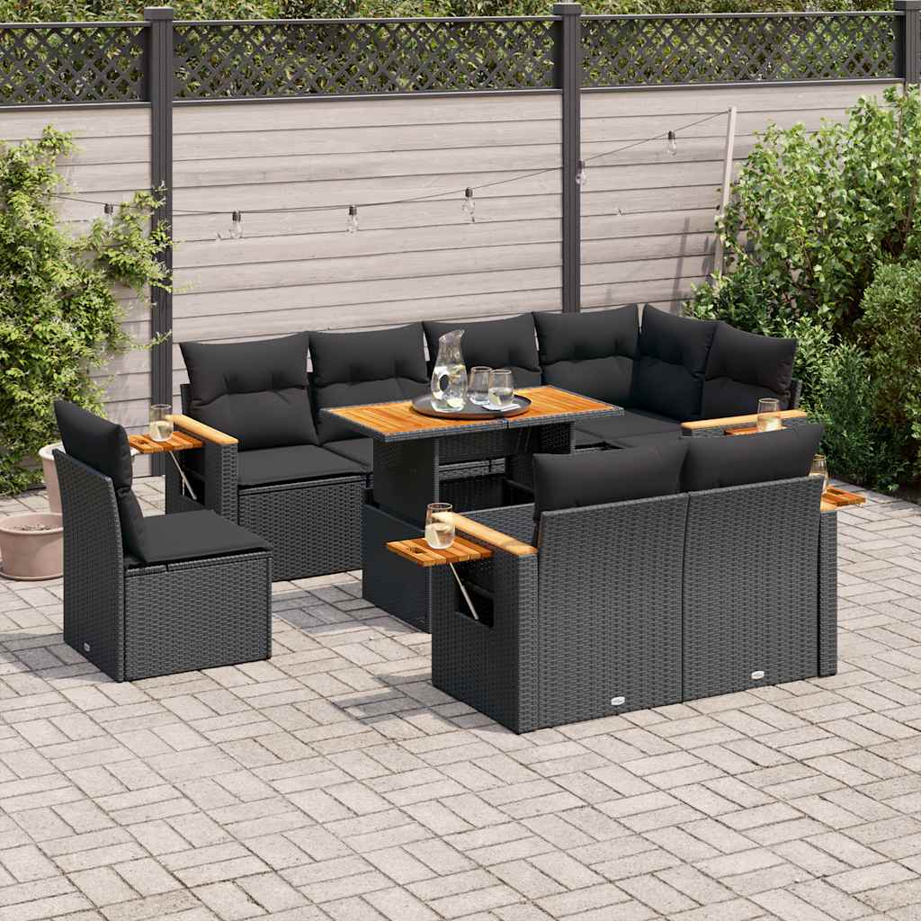 vidaXL Set mobilier grădină perne 9 piese negru poliratan/lemn acacia vidaXL Set mobilier grădină perne 9 piese negru poliratan/lemn acacia