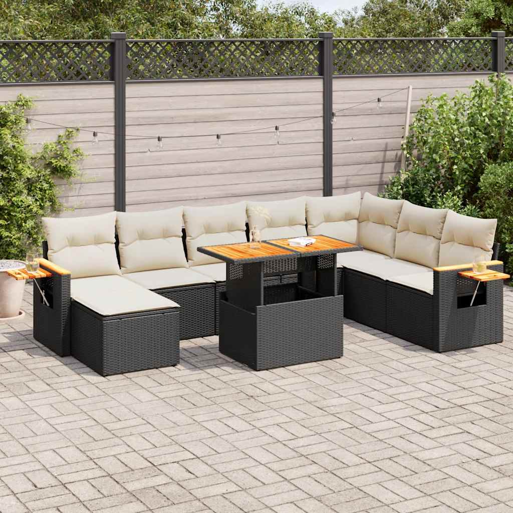 vidaXL Set mobilier grădină perne 9 piese negru poliratan/lemn acacia vidaXL Set mobilier grădină perne 9 piese negru poliratan/lemn acacia