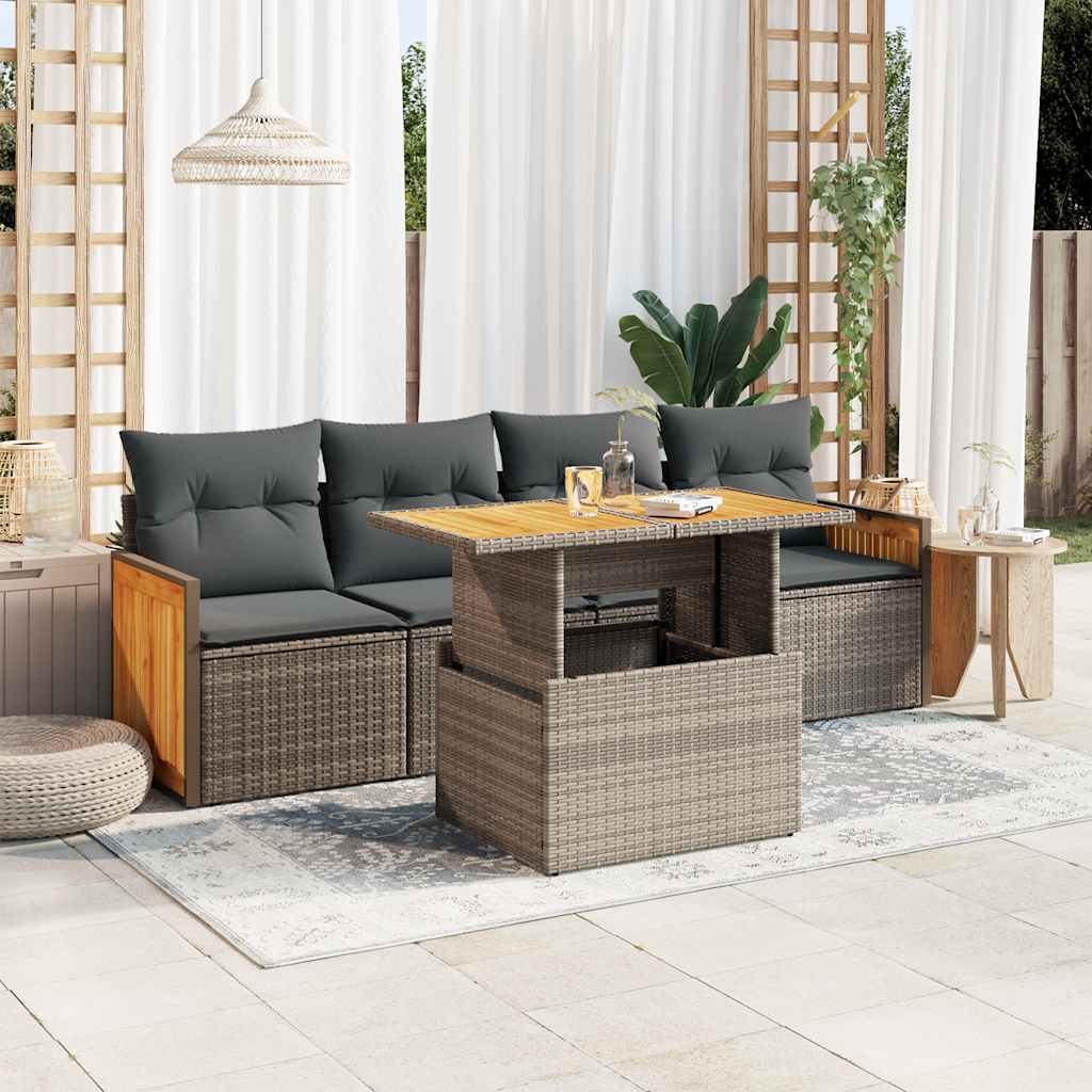 vidaXL Set canapea de grădină cu perne, 5 piese, poliratan/lemn acacia vidaXL Set canapea de grădină cu perne, 5 piese, poliratan/lemn acacia