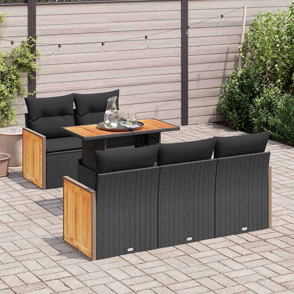 vidaXL Set mobilier grădină perne 6 piese negru poliratan/lemn acacia vidaXL Set mobilier grădină perne 6 piese negru poliratan/lemn acacia