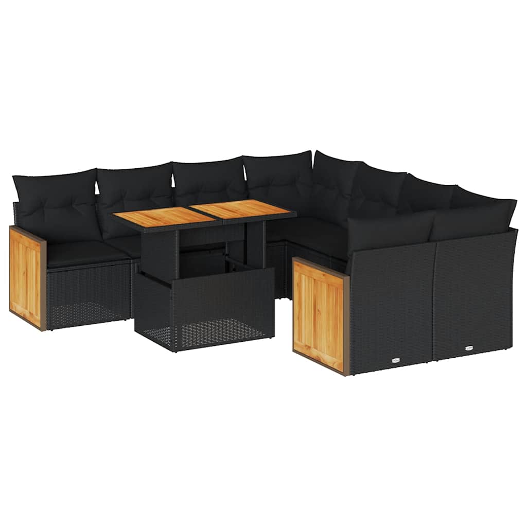 vidaXL Set mobilier grădină perne 9 piese negru poliratan/lemn acacia vidaXL Set mobilier grădină perne 9 piese negru poliratan/lemn acacia
