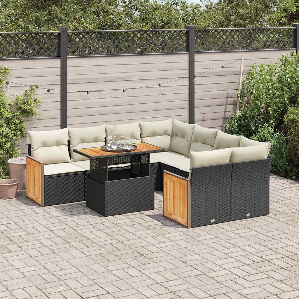 vidaXL Set mobilier grădină perne 9 piese negru poliratan/lemn acacia vidaXL Set mobilier grădină perne 9 piese negru poliratan/lemn acacia