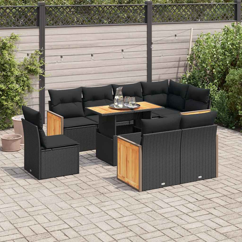 vidaXL Set mobilier grădină perne 9 piese negru poliratan/lemn acacia vidaXL Set mobilier grădină perne 9 piese negru poliratan/lemn acacia