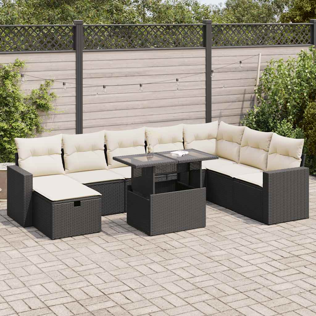 vidaXL Set mobilier de grădină cu perne, 9 piese, negru, poliratan