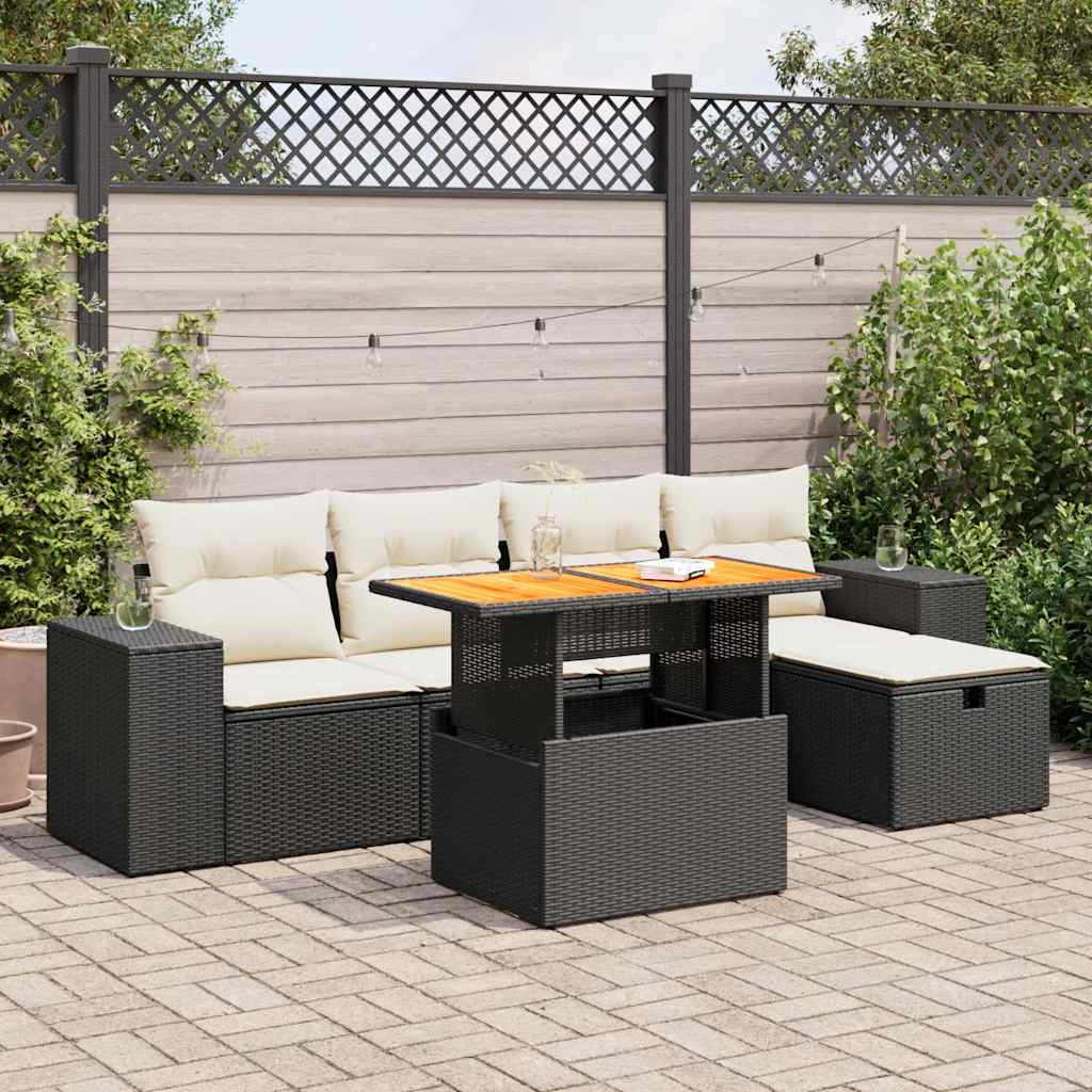 vidaXL Set mobilier grădină perne 6 piese negru poliratan/lemn acacia vidaXL Set mobilier grădină perne 6 piese negru poliratan/lemn acacia