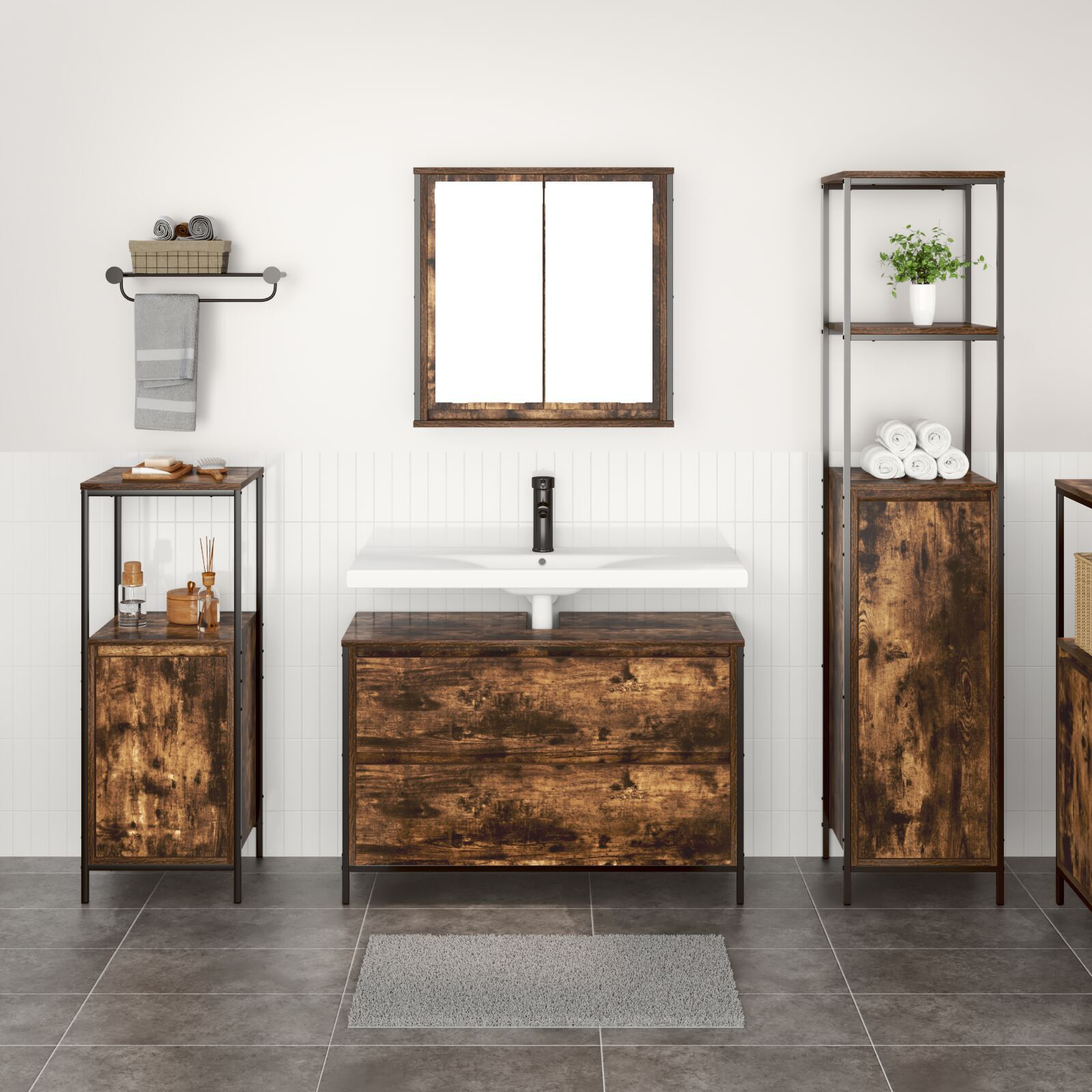 vidaXL Set mobilier baie, 3 piese, stejar fumuriu, lemn prelucrat vidaXL Set mobilier baie, 3 piese, stejar fumuriu, lemn prelucrat