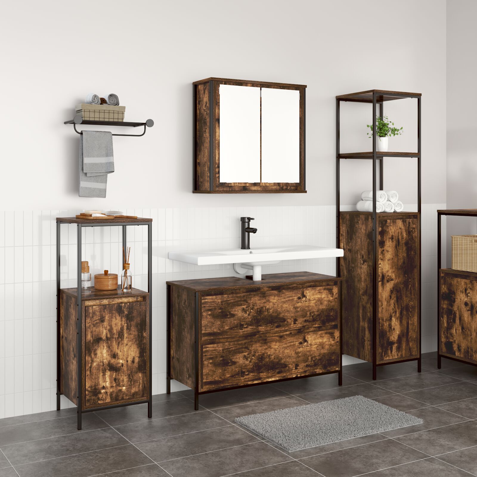 vidaXL Set mobilier baie, 3 piese, stejar fumuriu, lemn prelucrat vidaXL Set mobilier baie, 3 piese, stejar fumuriu, lemn prelucrat