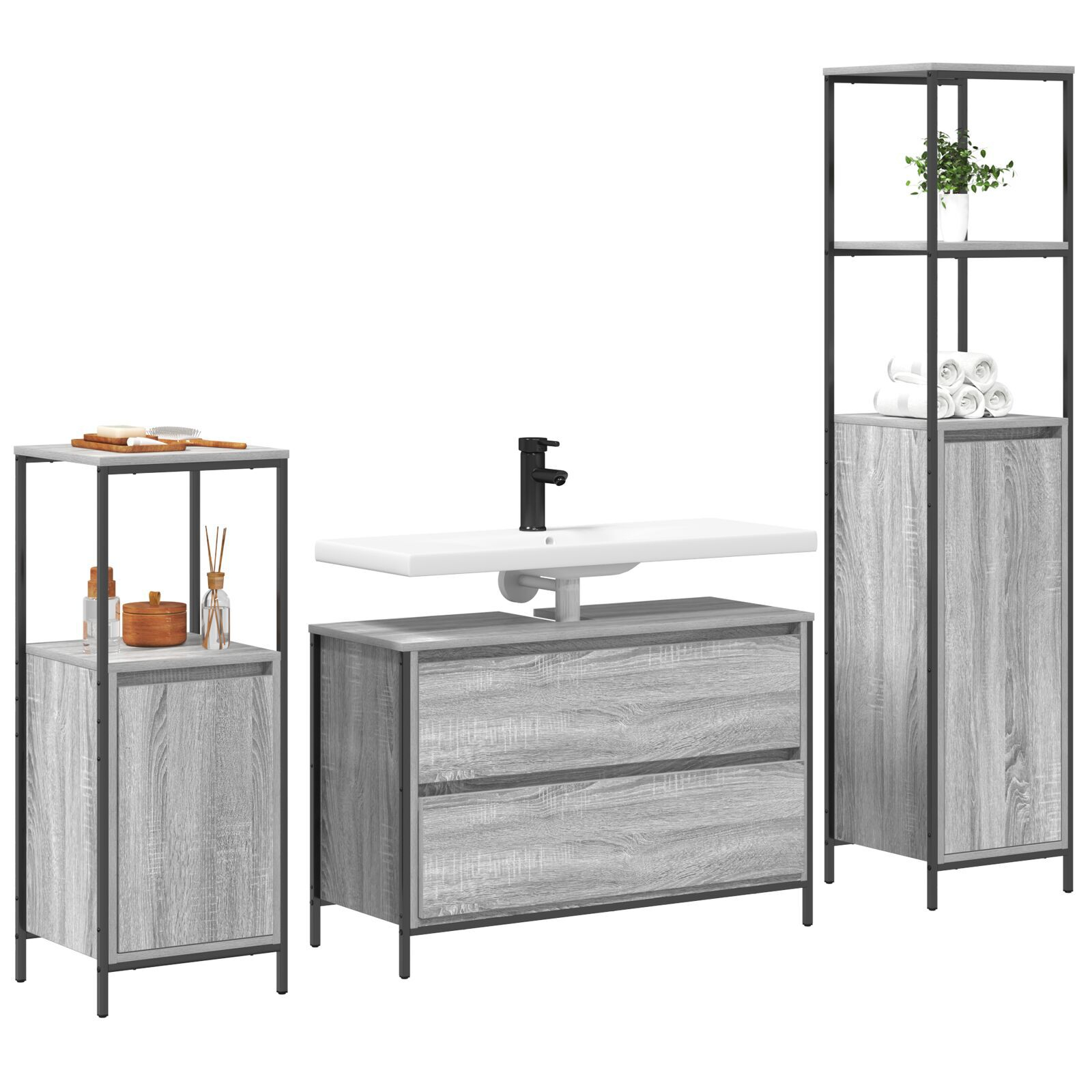 vidaXL Set mobilier baie, 3 piese, gri sonoma, lemn prelucrat vidaXL Set mobilier baie, 3 piese, gri sonoma, lemn prelucrat
