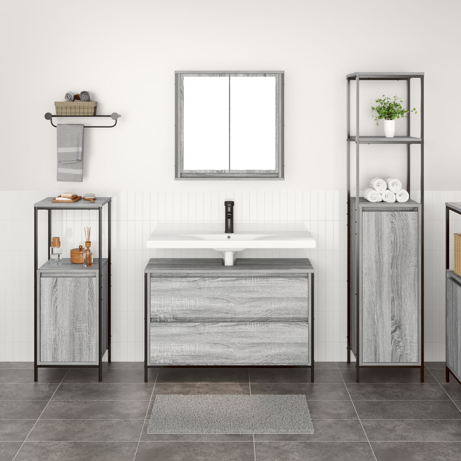 vidaXL Set mobilier baie, 3 piese, gri sonoma, lemn prelucrat vidaXL Set mobilier baie, 3 piese, gri sonoma, lemn prelucrat