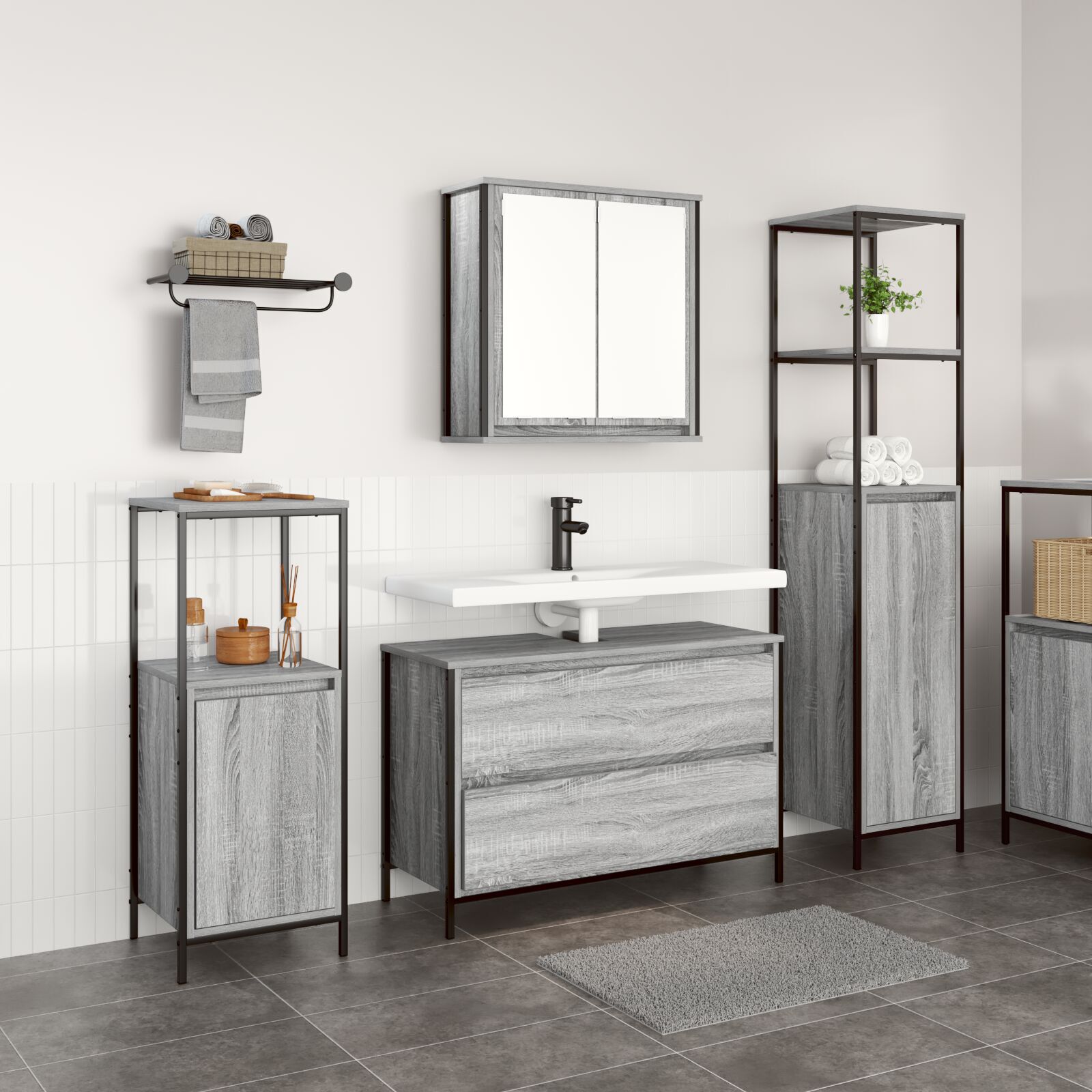 vidaXL Set mobilier baie, 3 piese, gri sonoma, lemn prelucrat vidaXL Set mobilier baie, 3 piese, gri sonoma, lemn prelucrat