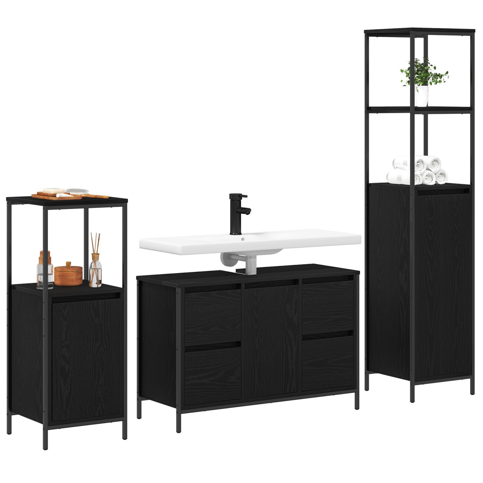 Set de mobilier pentru baie 3 piese - Stejar negru din lemn prelucrat