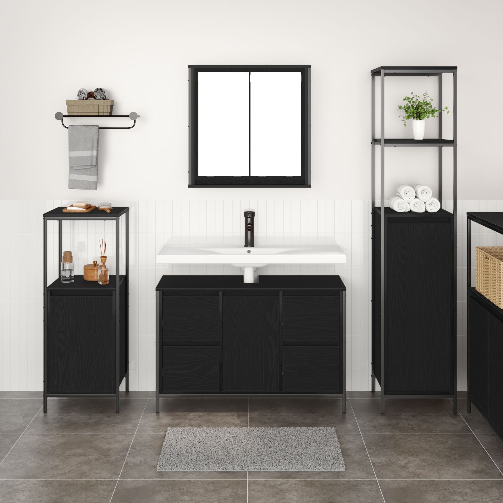 Set de mobilier pentru baie 3 piese - Stejar negru din lemn prelucrat