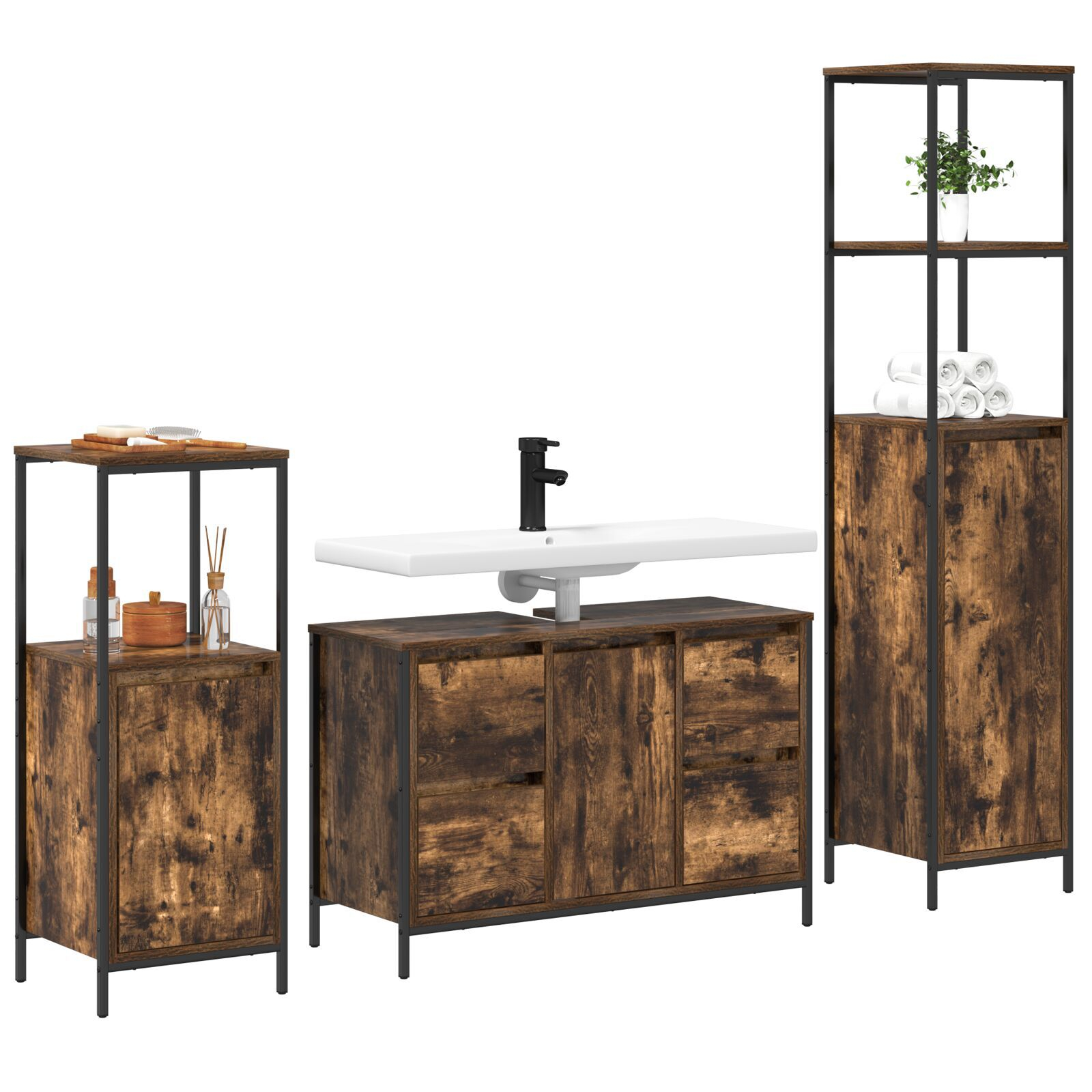 vidaXL Set Mobilier Baie din Lemn Ingineresc Stejar Fumuriu - 3 Piese vidaXL Set Mobilier Baie din Lemn Ingineresc Stejar Fumuriu - 3 Piese