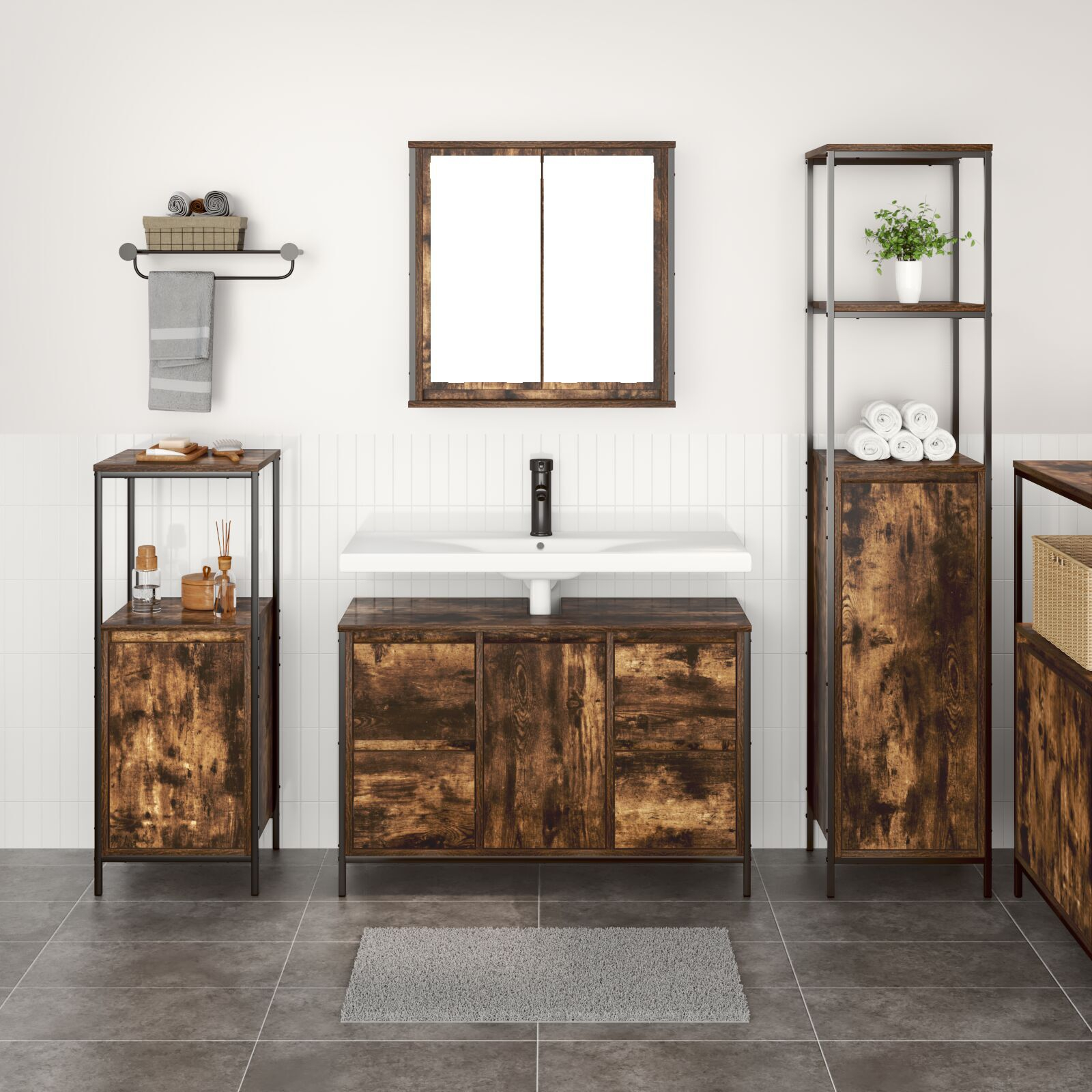 vidaXL Set Mobilier Baie din Lemn Ingineresc Stejar Fumuriu - 3 Piese vidaXL Set Mobilier Baie din Lemn Ingineresc Stejar Fumuriu - 3 Piese