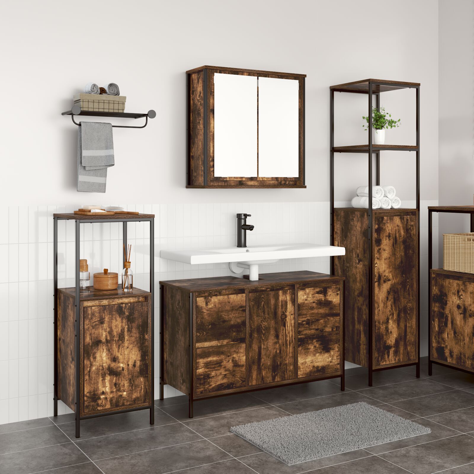 vidaXL Set Mobilier Baie din Lemn Ingineresc Stejar Fumuriu - 3 Piese vidaXL Set Mobilier Baie din Lemn Ingineresc Stejar Fumuriu - 3 Piese