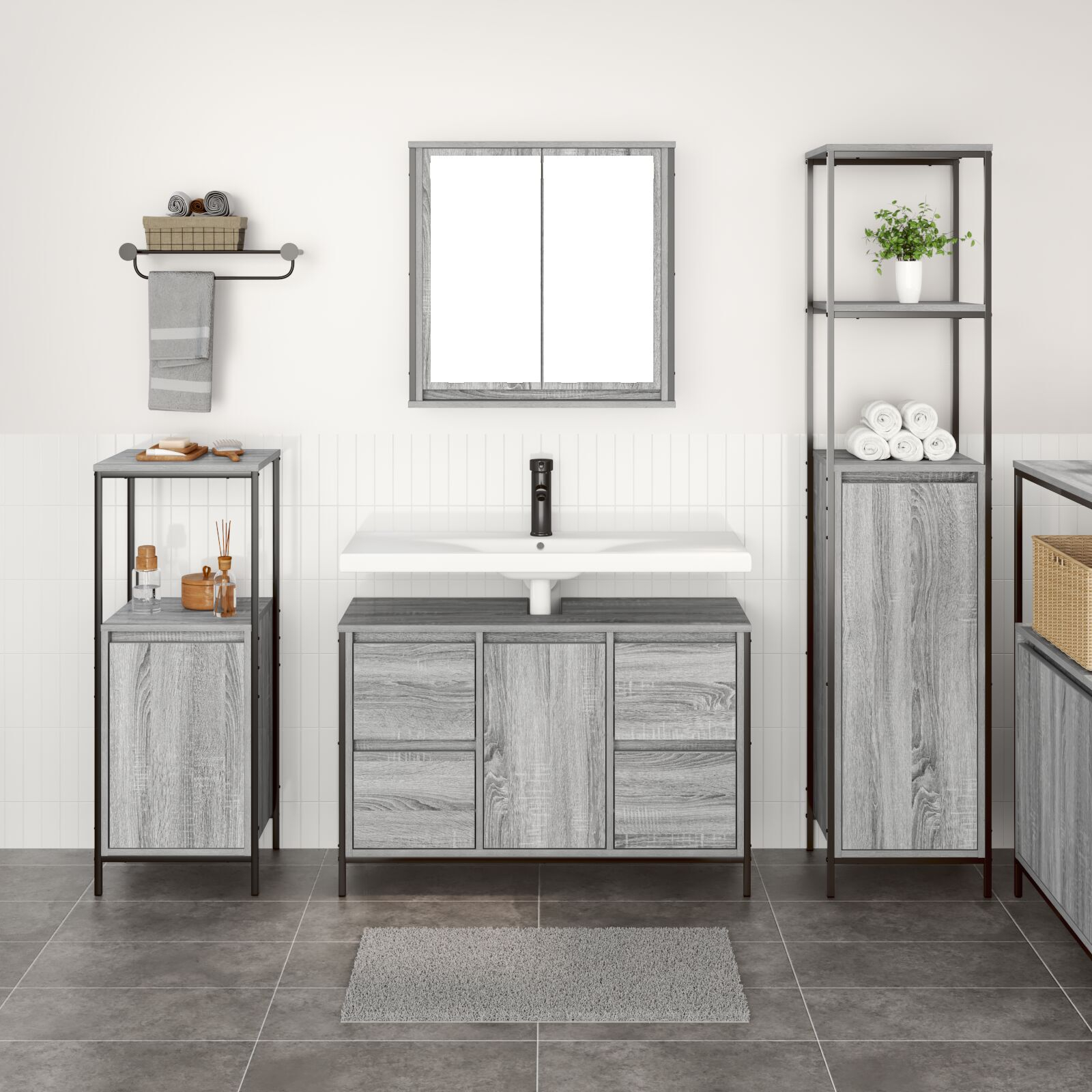 vidaXL Set mobilier baie 3 piese lemn prelucrat gri sonoma vidaXL Set mobilier baie 3 piese lemn prelucrat gri sonoma