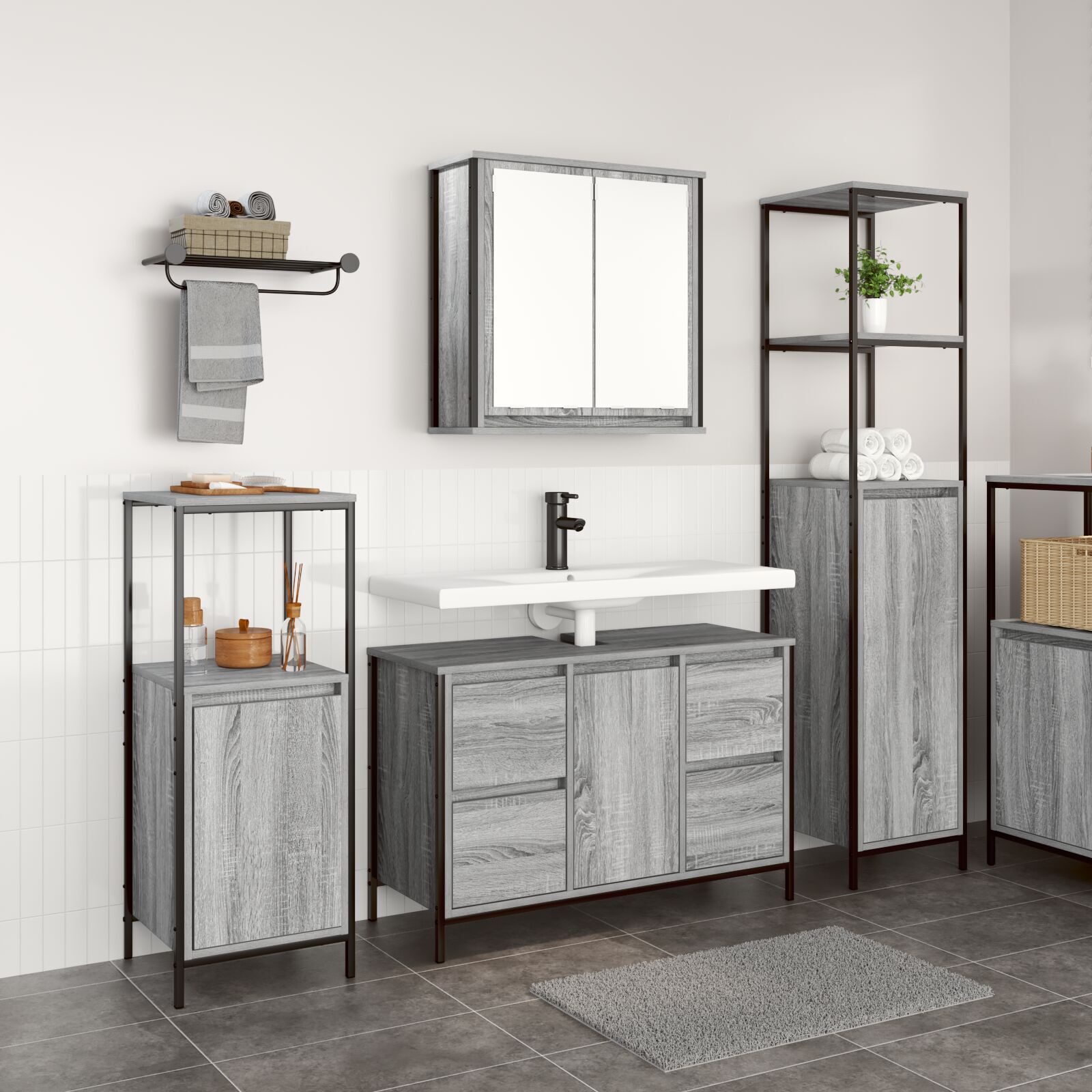 vidaXL Set mobilier baie 3 piese lemn prelucrat gri sonoma vidaXL Set mobilier baie 3 piese lemn prelucrat gri sonoma