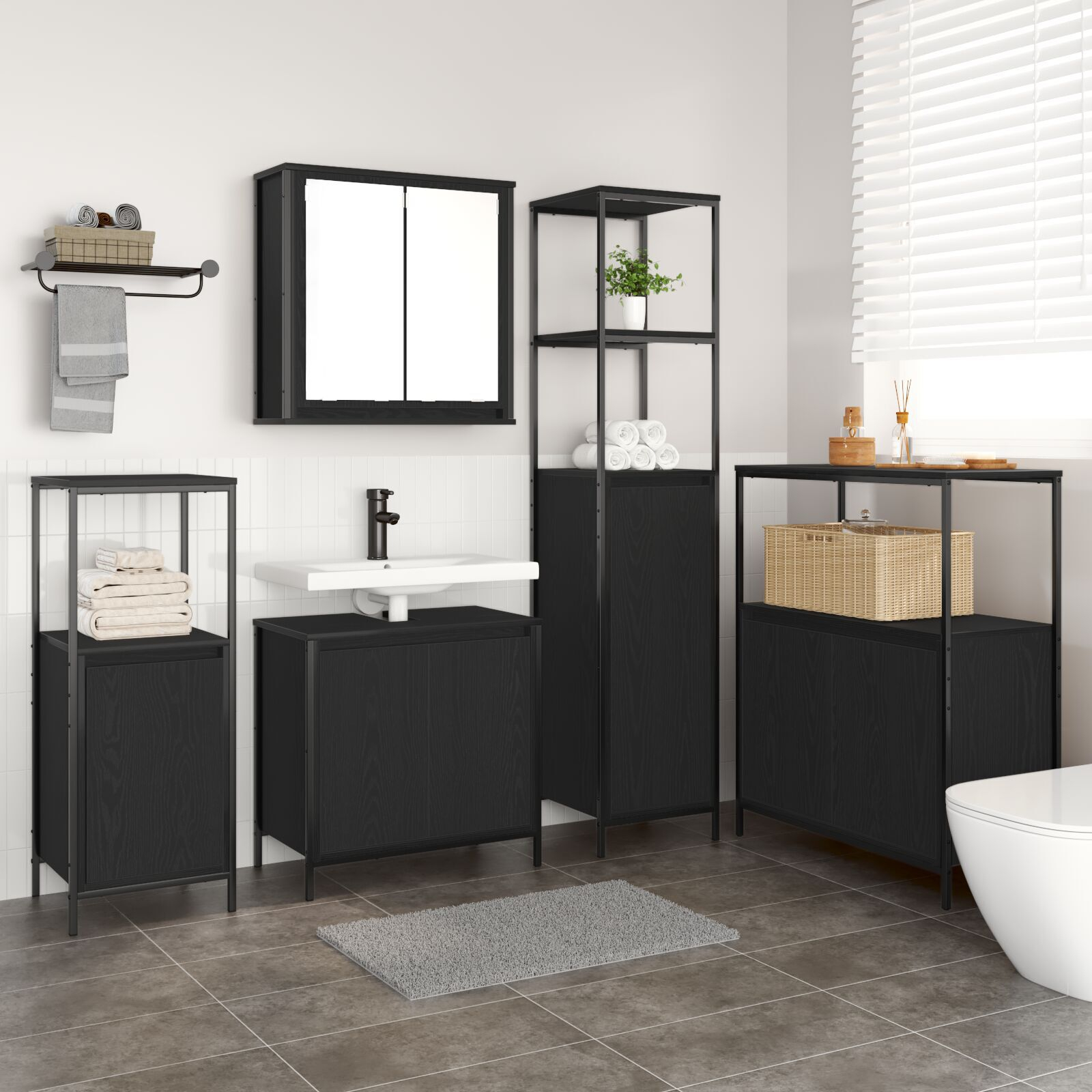 Set de mobilă pentru baie 5 piese vidaXL din lemn de stejar negru Set de mobilă pentru baie 5 piese vidaXL din lemn de stejar negru