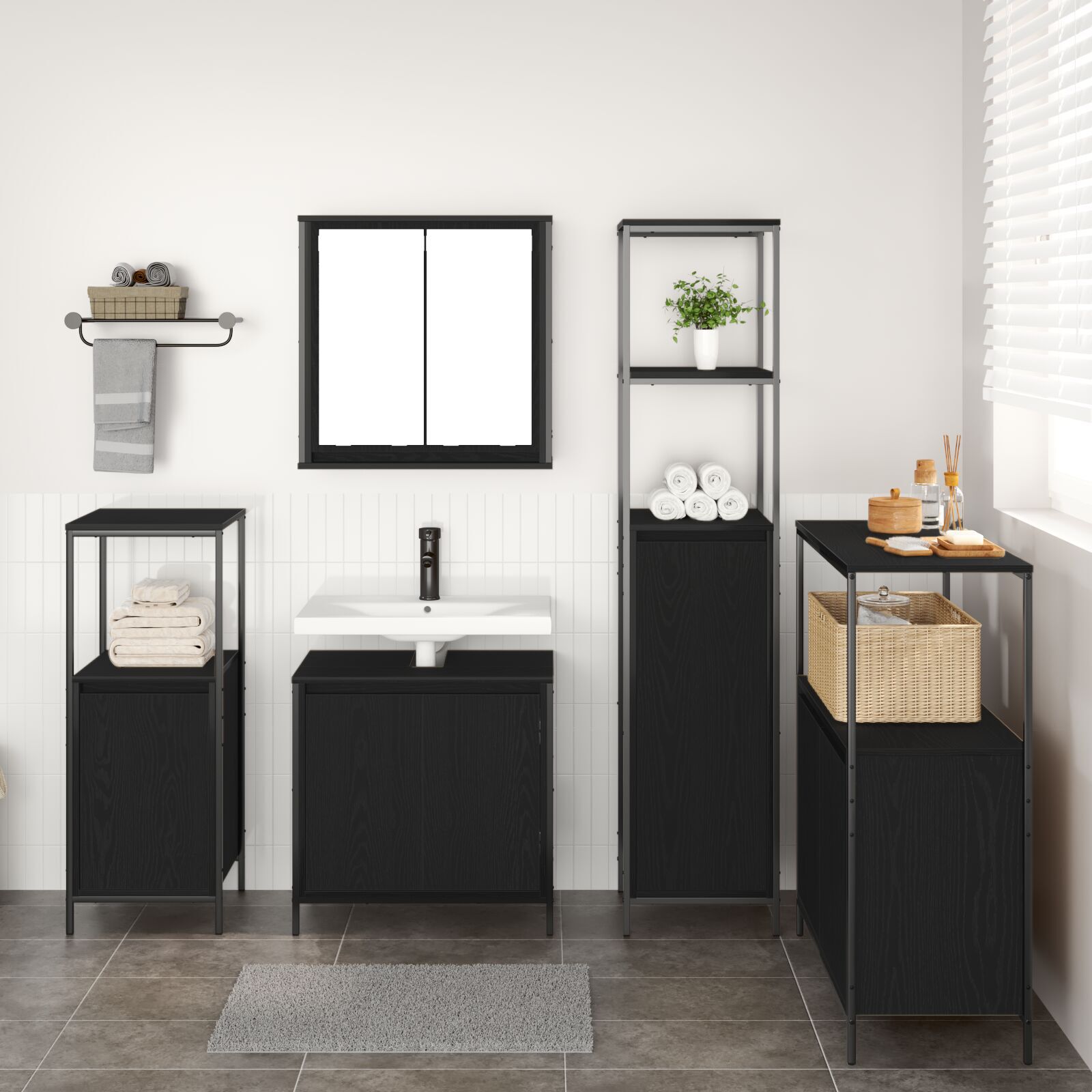 Set de mobilă pentru baie 5 piese vidaXL din lemn de stejar negru Set de mobilă pentru baie 5 piese vidaXL din lemn de stejar negru