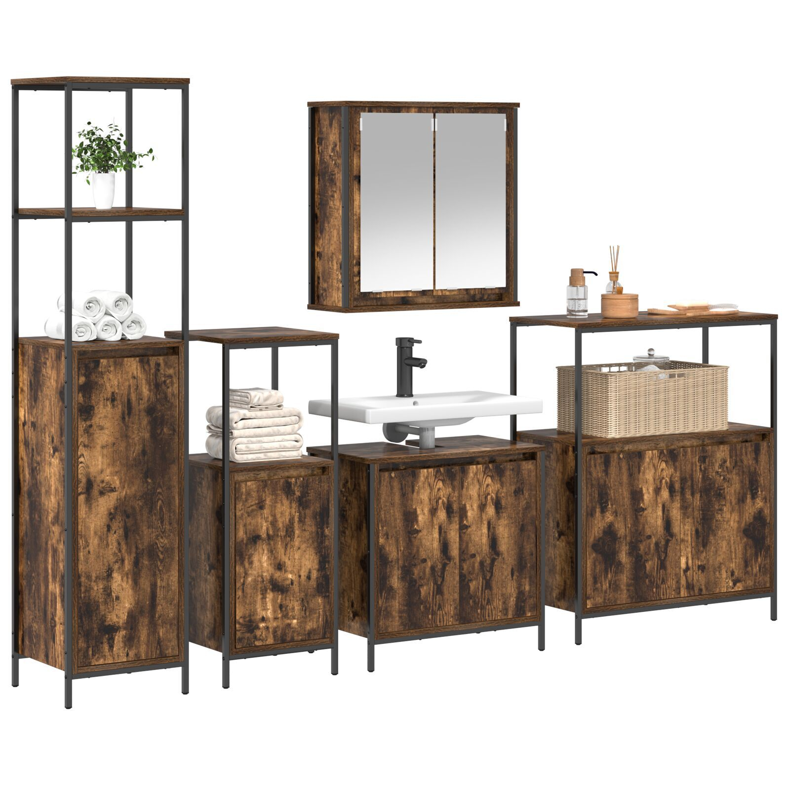 vidaXL Set de mobilier pentru baie din 5 piese din lemn tratat fumuriu vidaXL Set de mobilier pentru baie din 5 piese din lemn tratat fumuriu