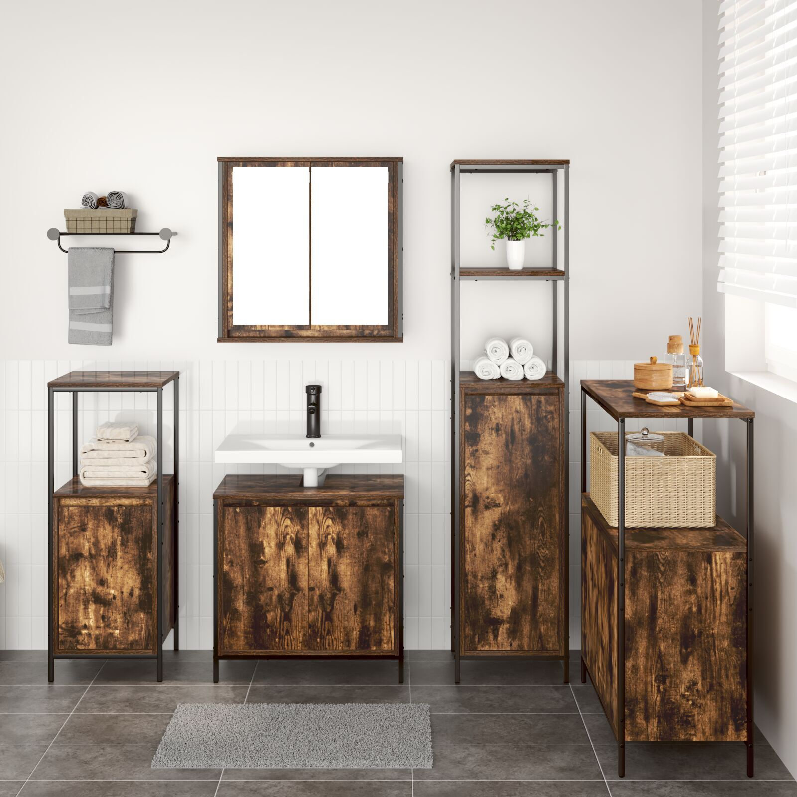 vidaXL Set de mobilier pentru baie din 5 piese din lemn tratat fumuriu vidaXL Set de mobilier pentru baie din 5 piese din lemn tratat fumuriu