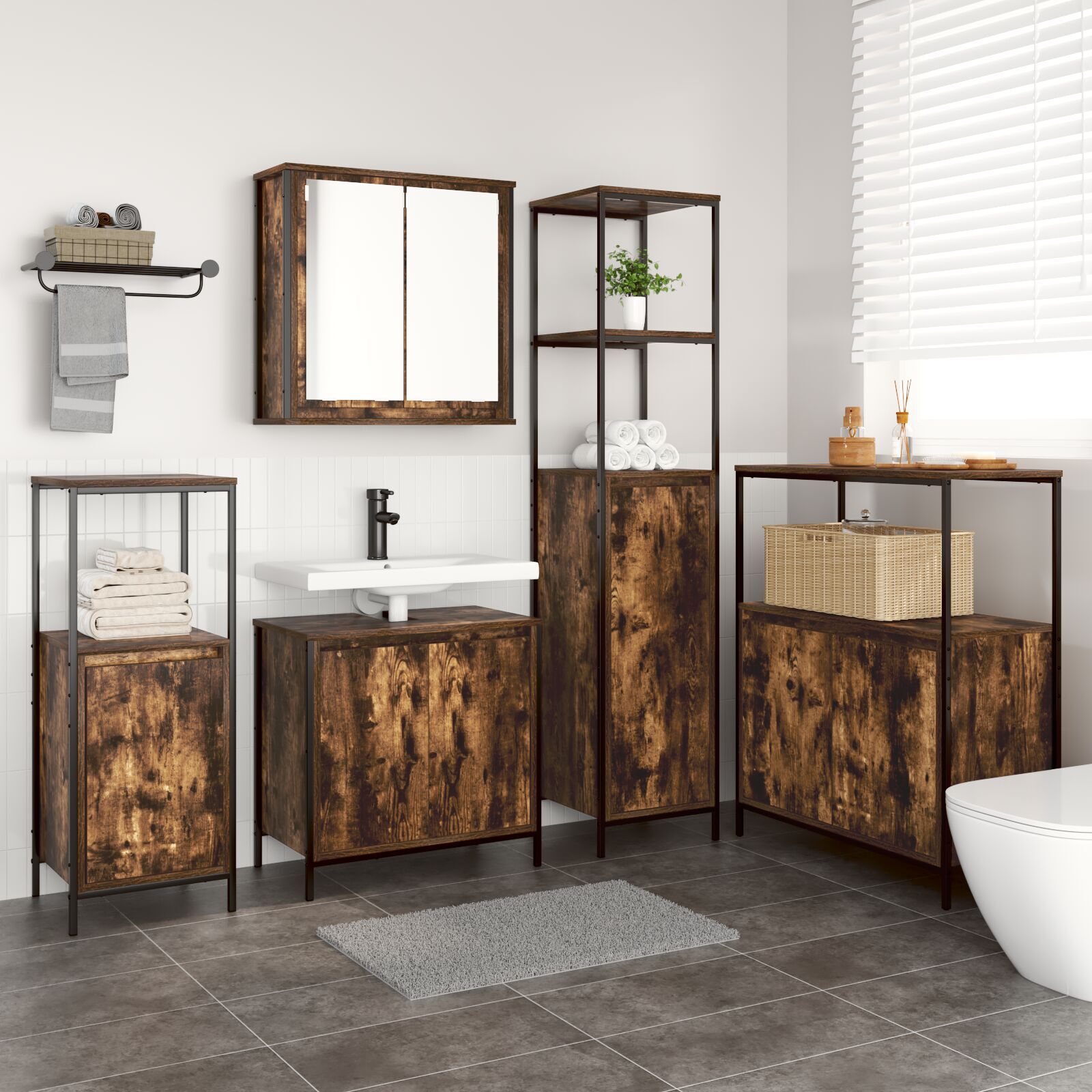 vidaXL Set de mobilier pentru baie din 5 piese din lemn tratat fumuriu vidaXL Set de mobilier pentru baie din 5 piese din lemn tratat fumuriu