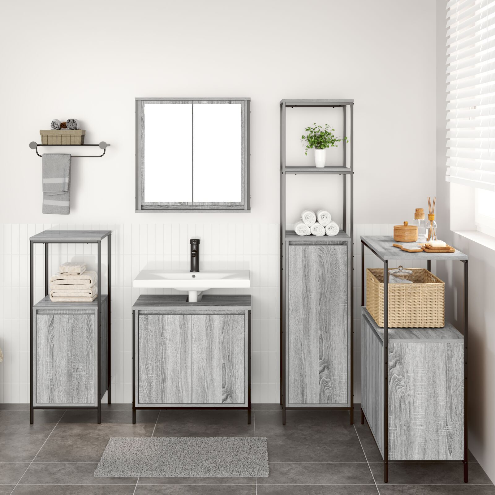 vidaXL Set mobilă baie 5 piese din lemn compus gri sonoma vidaXL Set mobilă baie 5 piese din lemn compus gri sonoma