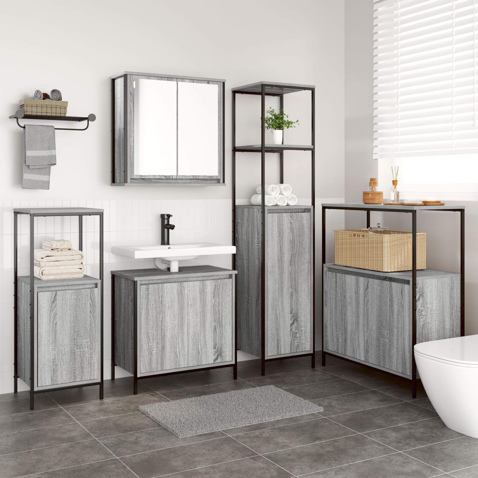 vidaXL Set mobilă baie 5 piese din lemn compus gri sonoma vidaXL Set mobilă baie 5 piese din lemn compus gri sonoma