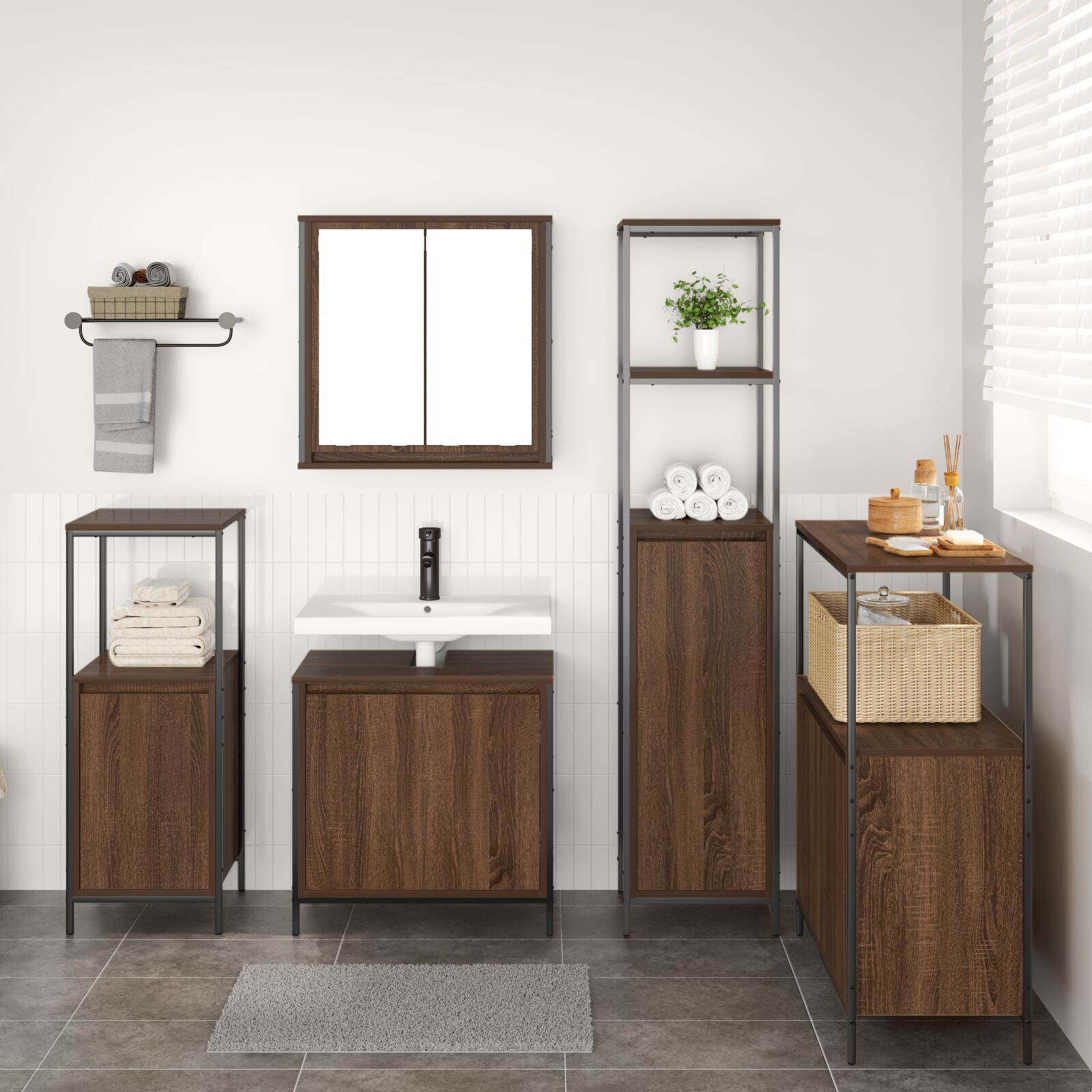 vidaXL Set mobilier baie, 5 piese, stejar maro, lemn prelucrat vidaXL Set mobilier baie, 5 piese, stejar maro, lemn prelucrat