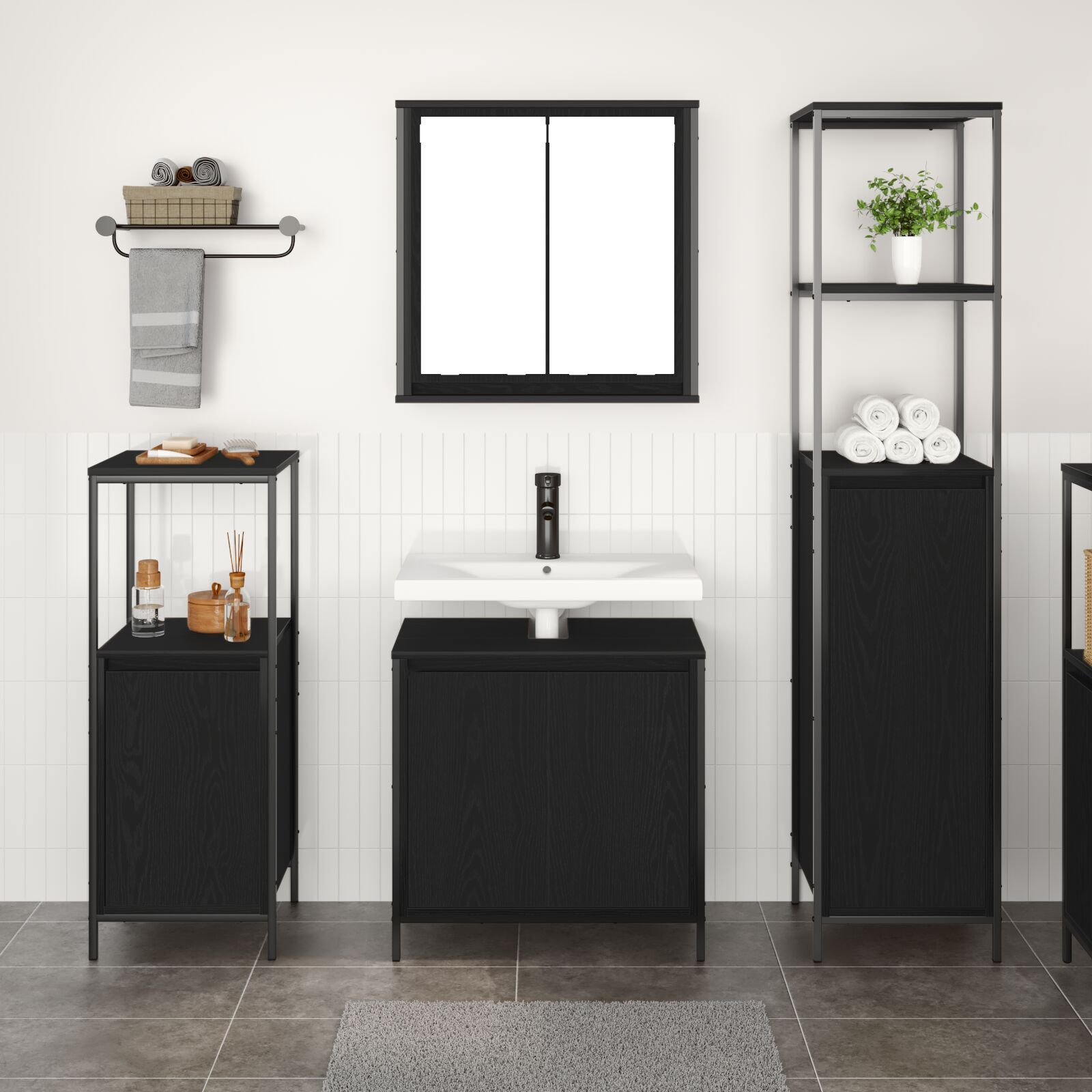 Set de mobilă pentru baie 3 piese vidaXL din lemn compozit stejar negru Set de mobilă pentru baie 3 piese vidaXL din lemn compozit stejar negru