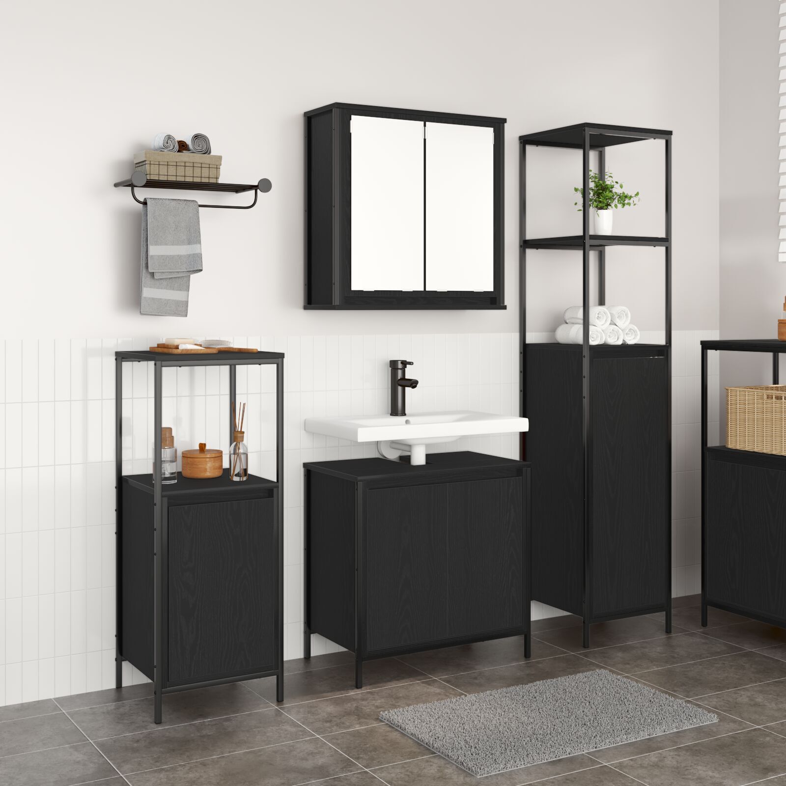 Set de mobilă pentru baie 3 piese vidaXL din lemn compozit stejar negru Set de mobilă pentru baie 3 piese vidaXL din lemn compozit stejar negru